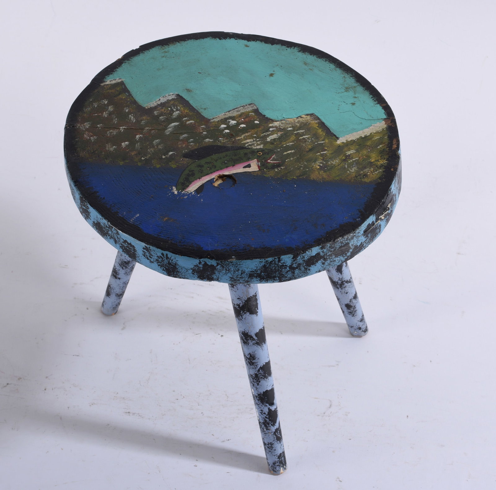 Tim Lewis Folk Art Stool: 12"x13" - paint wood stool by Tim or Jim Lewis, KY.
