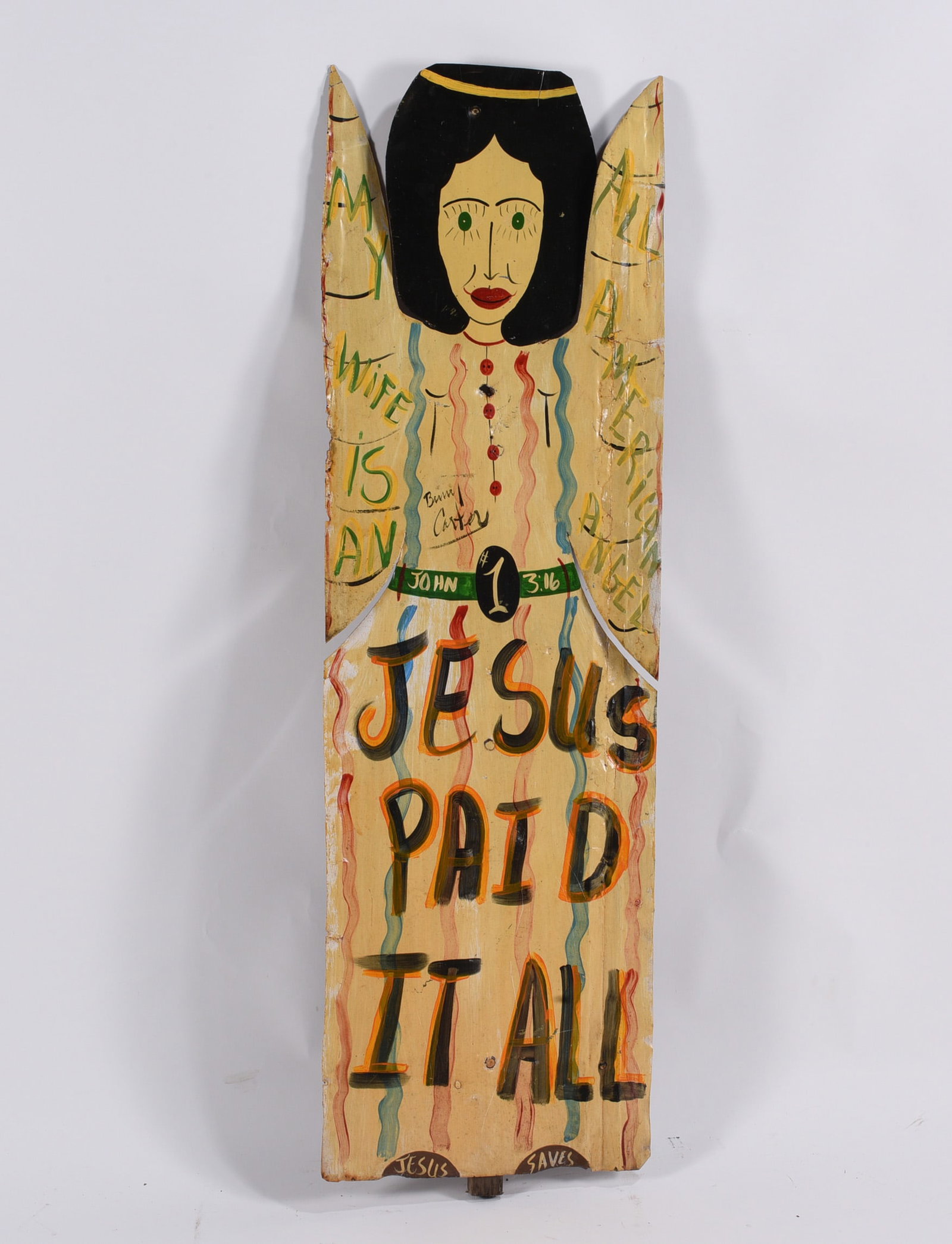 Benny Carter Large Environmental Angel: 14"x47" - large angel. A rare version of the tin cut out angel being so large. Environmental ware. This came from Benny's home environment.