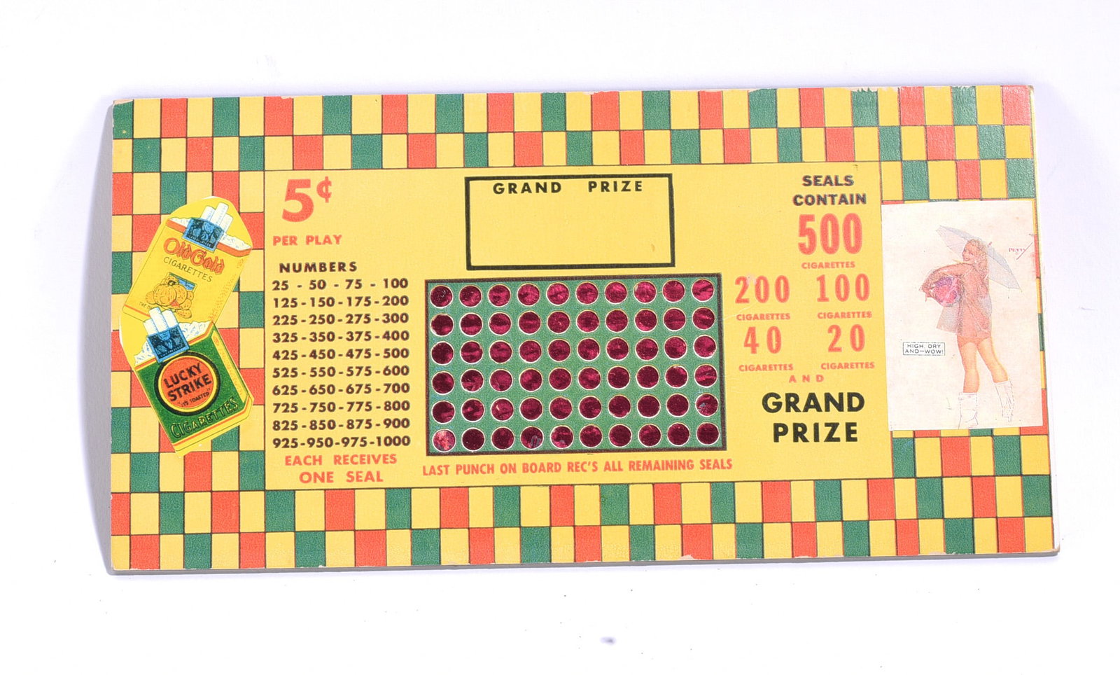 5 cent Gabling Cigarette Punch Board Old Gold Lucky Strike (1 of 2)