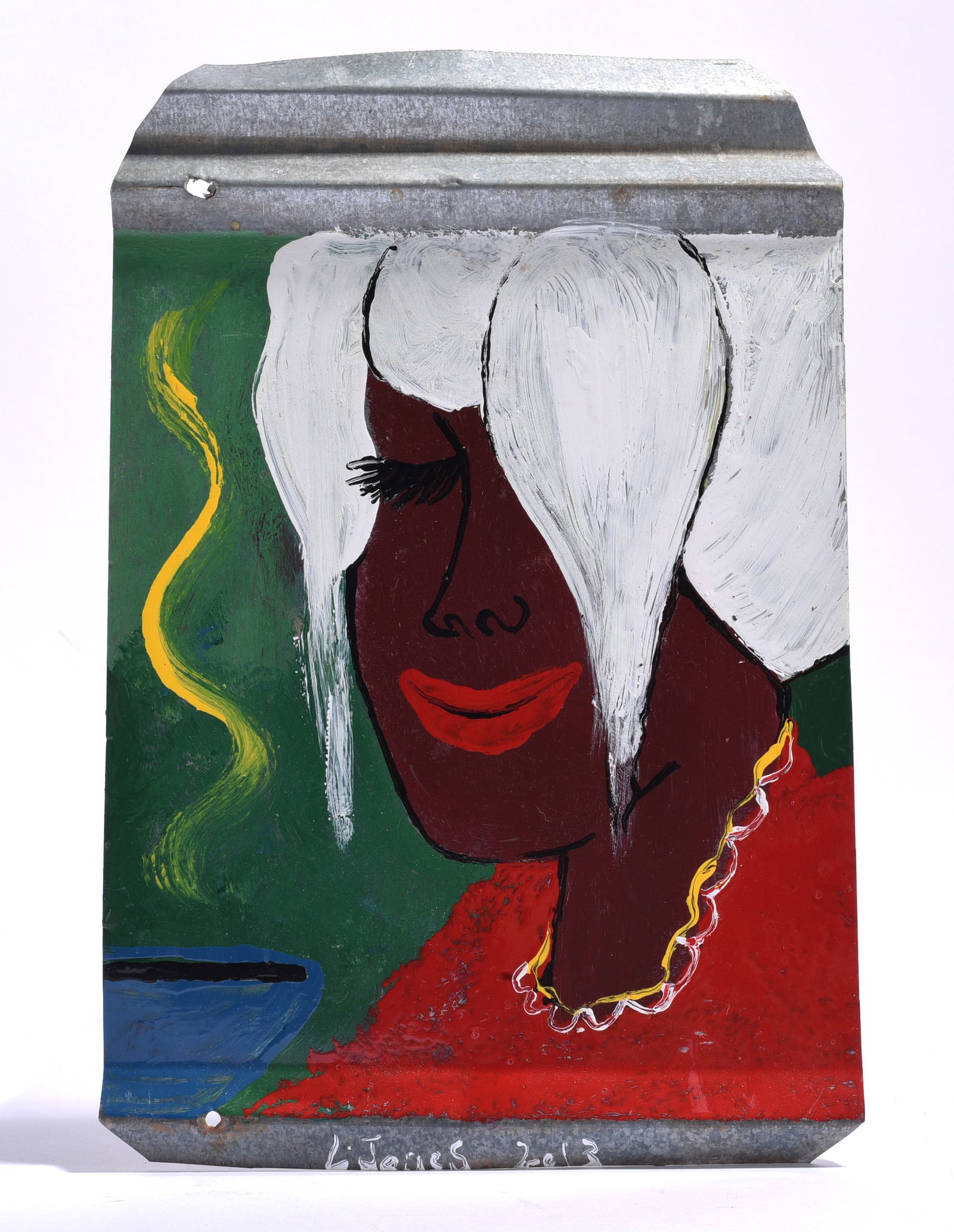 Leonard Jones Folk Art Painting: 14"x9" Leonard Jones, Georgia folk artist known for using house paint on repurposed materials and depicting humorous scenes from everyday life. Folk art painting on galvanized metal depicting a woman 