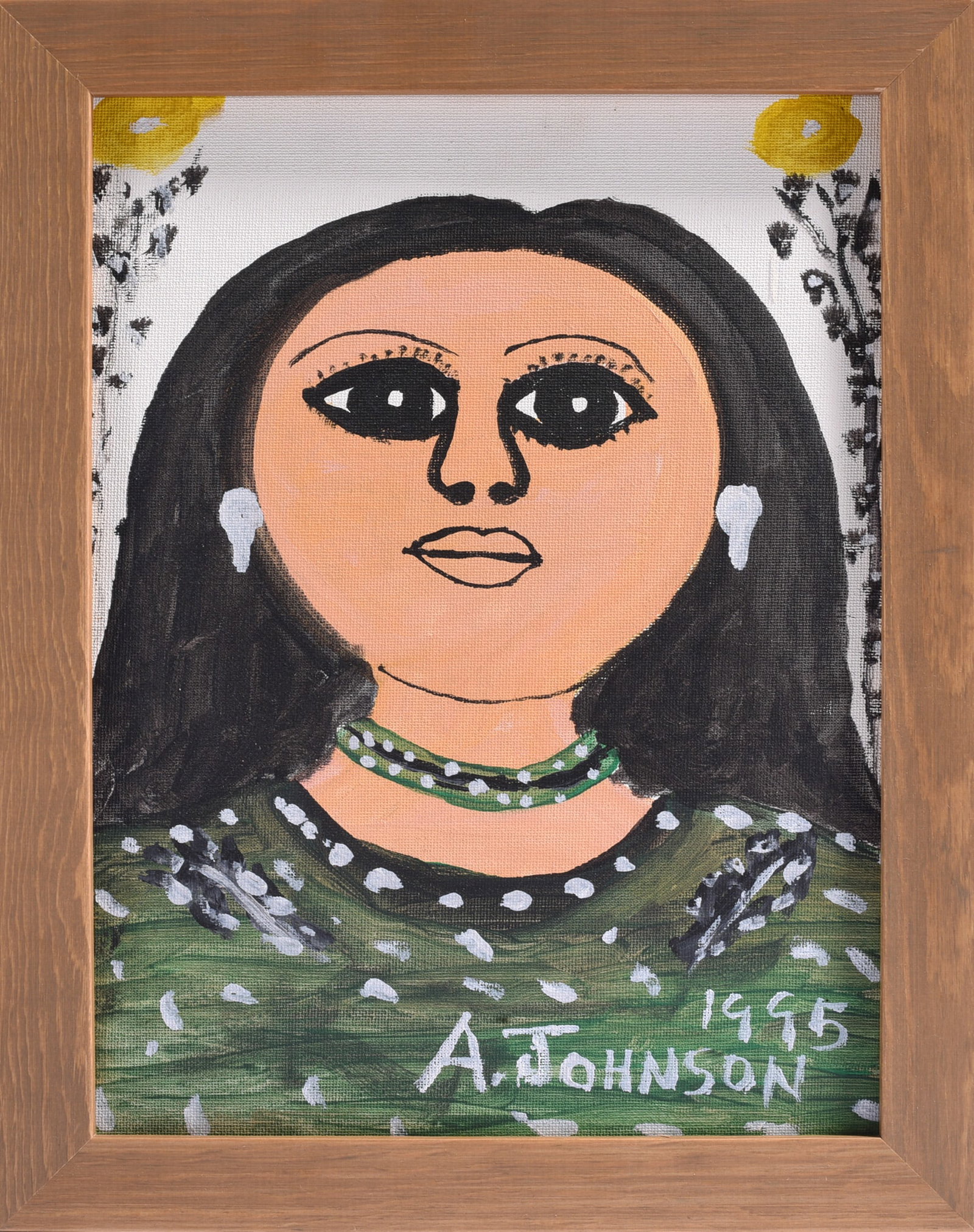 Anderson Johnson Folk Art Painting: 11" x 14" Rev. Anderson Johnson (1915-1998), Virginia preacher, musician and self-taught artist who transformed his Newport News home into the visionary art environment known as Faith Mission. Framed 