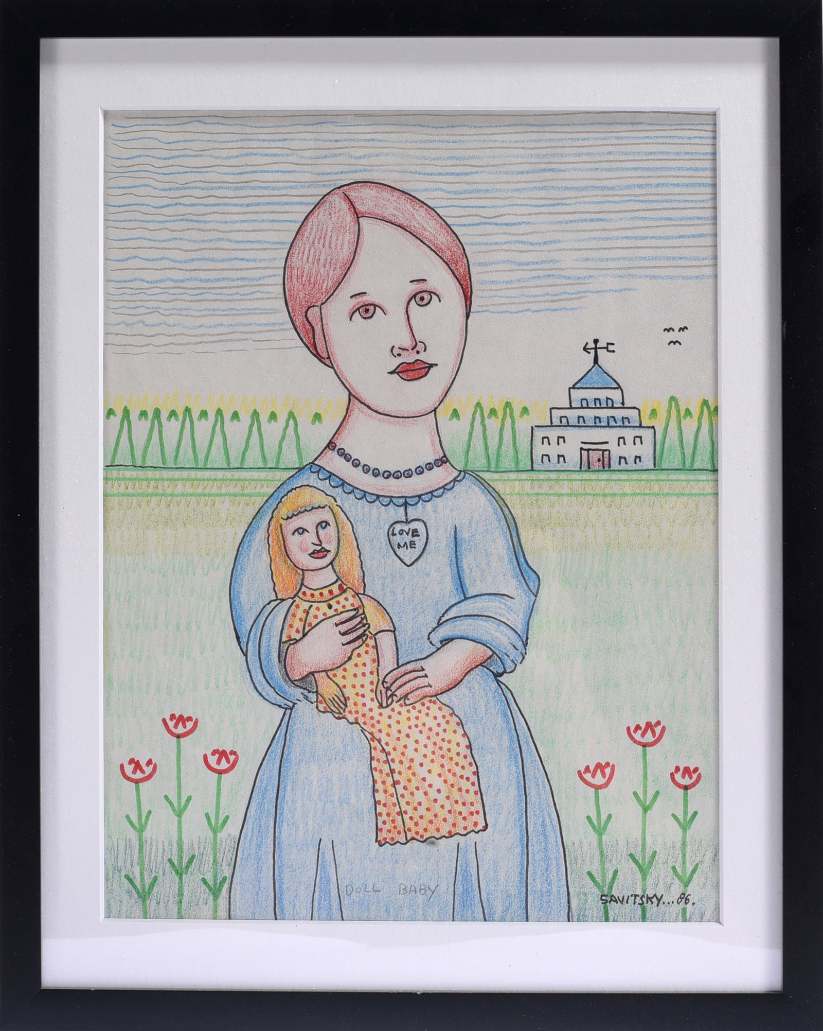 Jack Savitsky Folk Art Drawing: 12"x15" Jack Savitsky (1910-1991), Pennsylvania coal miner and self-taught artist celebrated for colorful scenes of life in the anthracite coal region. Framed colored-pencil drawing titled "Doll Baby,