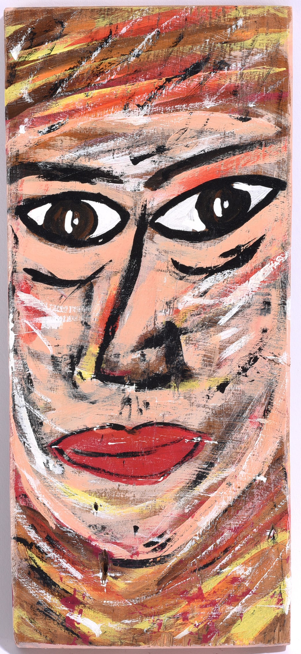 Outsider Art Painting Signed Raymar dated 2018: 12.5"x5" Outsider art portrait painting signed Raymar and dated 2018, featuring an elongated female face with oversized dark eyes, red lips and energetic layered brushwork in warm earth tones, black, 