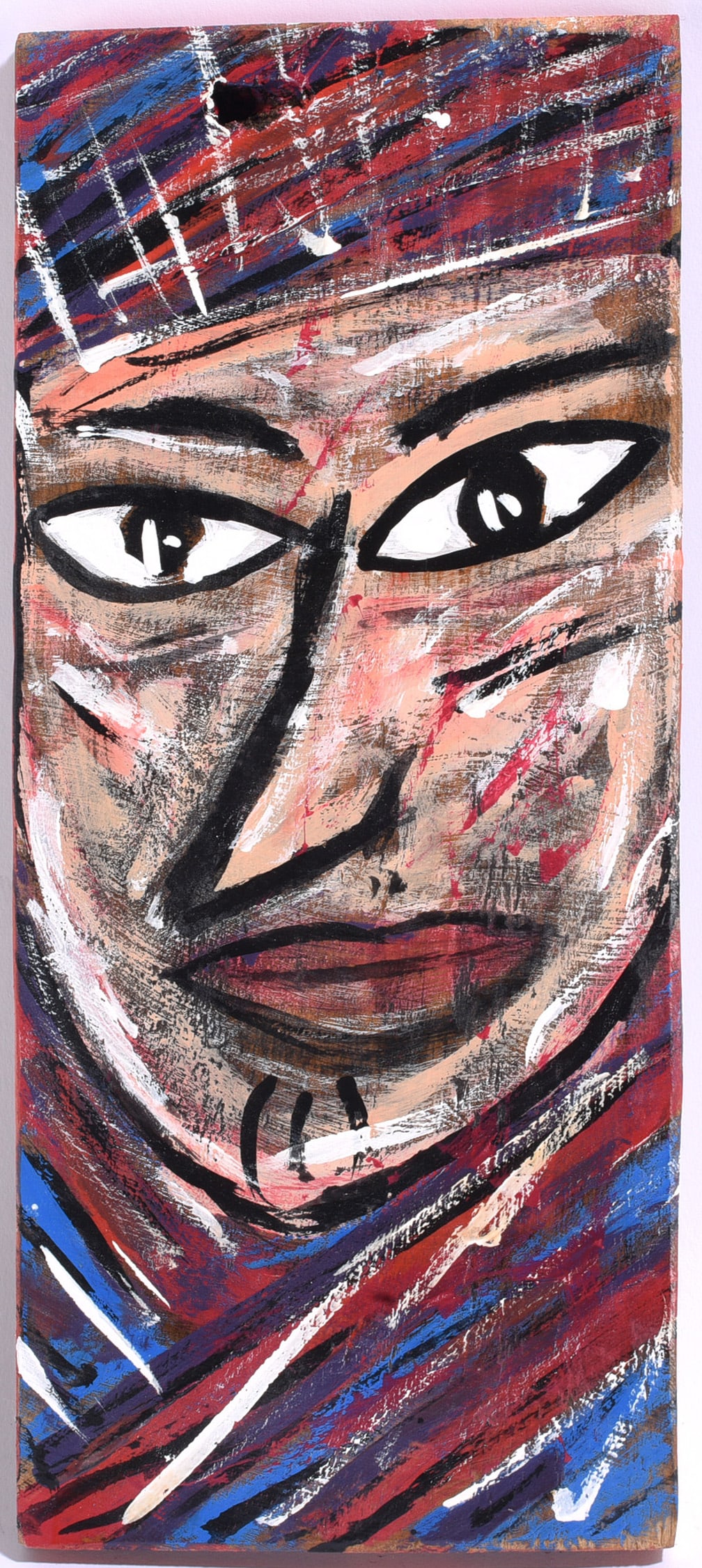 Outsider Art Painting Signed Raymar dated 2019: 13"x5" Outsider art portrait painting signed Raymar and dated 2019, depicting an elongated stylized face with large dark eyes and expressive layered brushwork in red, blue, black, white and flesh tone