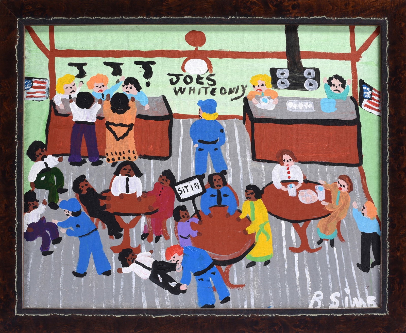 Bernice Sims Folk Art Painting: 23"x19" Bernice Sims (1926-2014), Alabama self-taught artist known for narrative paintings drawn from memories of Southern life and the Civil Rights era. Framed painting depicting a crowded segregated