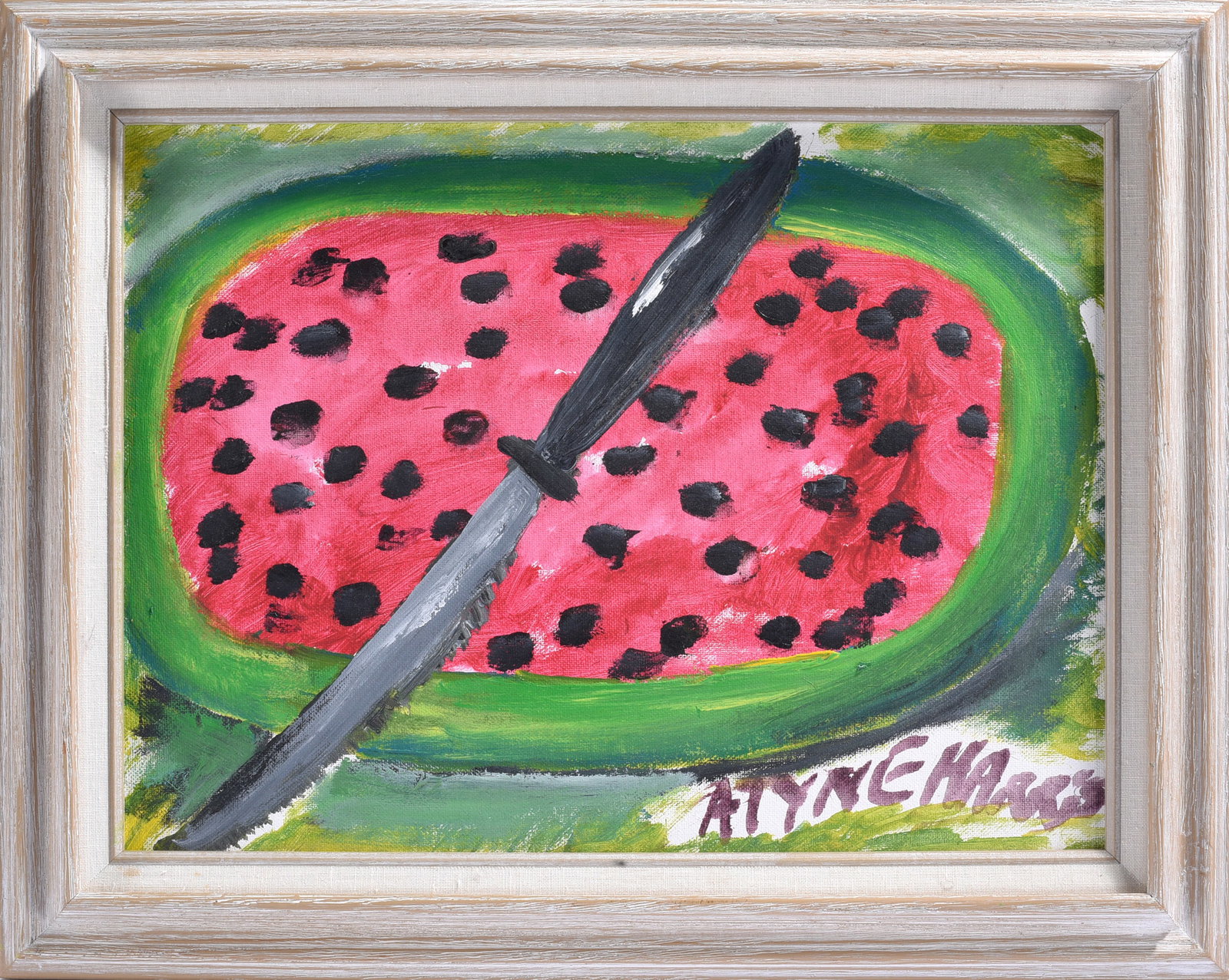 Alyne Harris Folk Art Painting: 15"x19" Alyne Harris, Florida self-taught folk artist known for brightly colored paintings of Southern life, religion, family and memory. Framed painting of a large sliced watermelon crossed by a knif