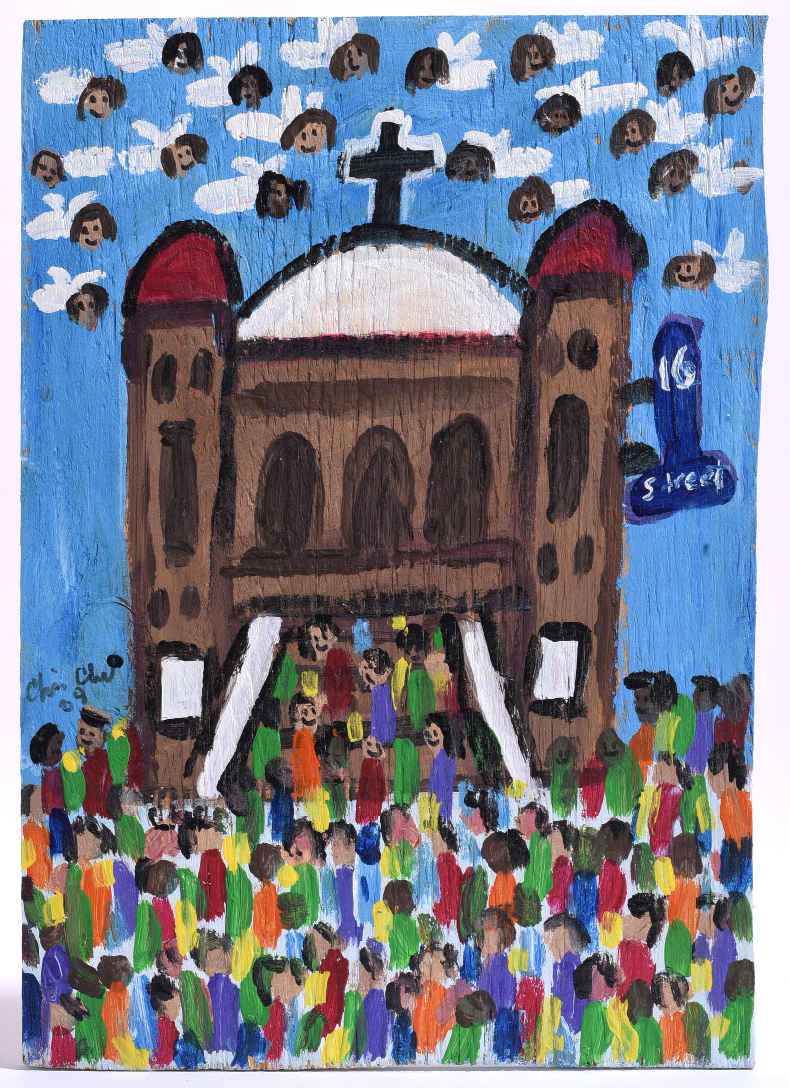 Chris Clark Folk Art Painting: 17"x12" Chris Clark, Southern self-taught artist known for colorful, densely populated scenes painted on found materials. Painting on wood depicting a large church surrounded by a crowd of figures, wi