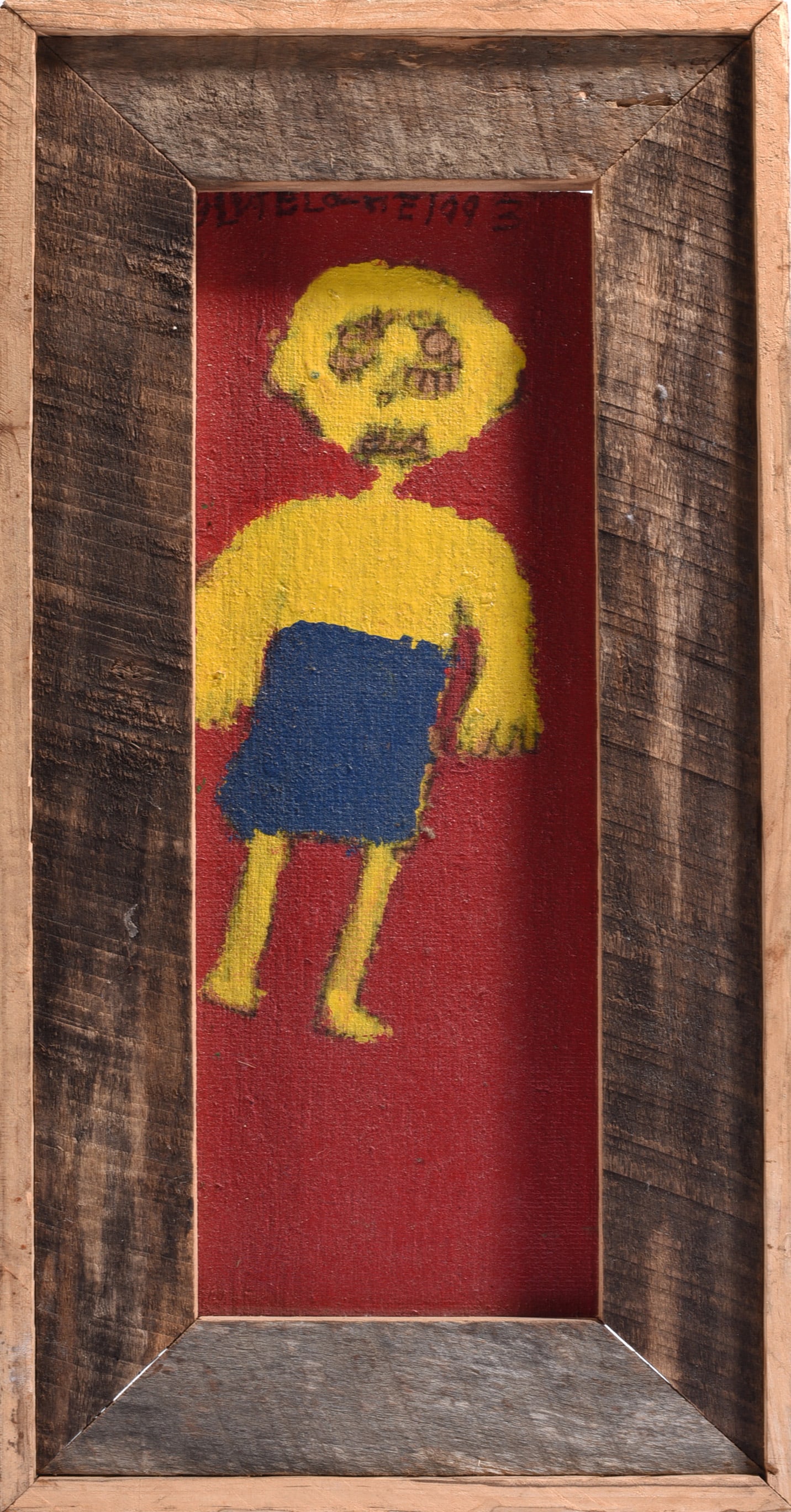 Outsider Art Painting Signed at Top: 22"x11" Unidentified outsider art painting, signed and dated 1993 along the upper edge. Naive figural portrait of a yellow figure in a blue skirt against a deep red ground, presented in a rustic woode