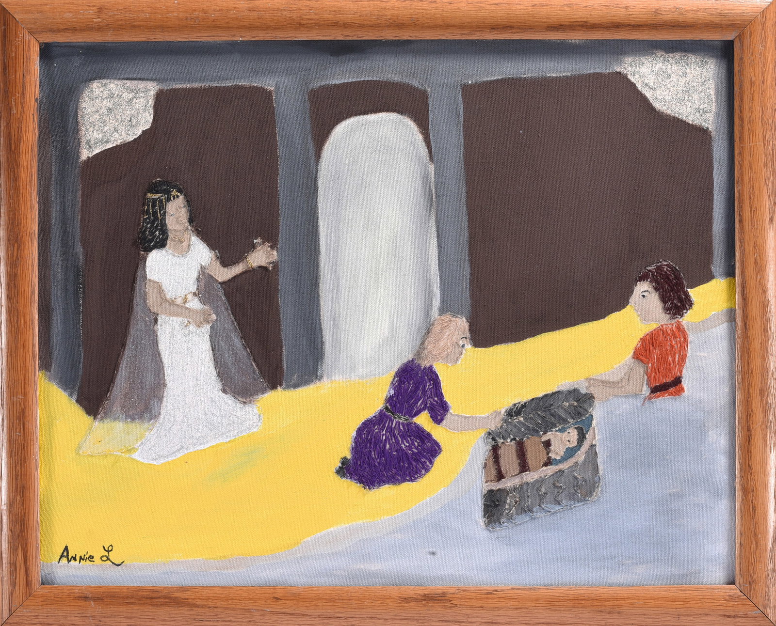 Annie L Folk Art painting: 22"x18" Folk art painting signed Annie L., depicting a domestic or biblical interior scene with three female figures, including one kneeling beside a seated woman and another standing at left, rendere