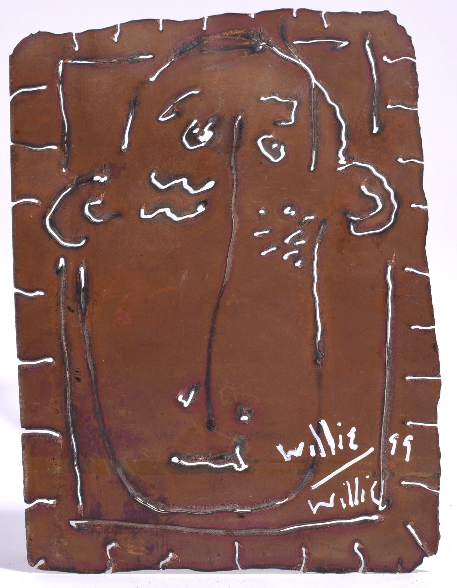 Willie Willie Cut Out Tin Folk Art: 7"x9" Willie Willie cut-out tin folk art, signed and dated 1999. Rust-toned metal panel with incised and painted linear portrait imagery, irregular notched edges and repeated white highlights defining