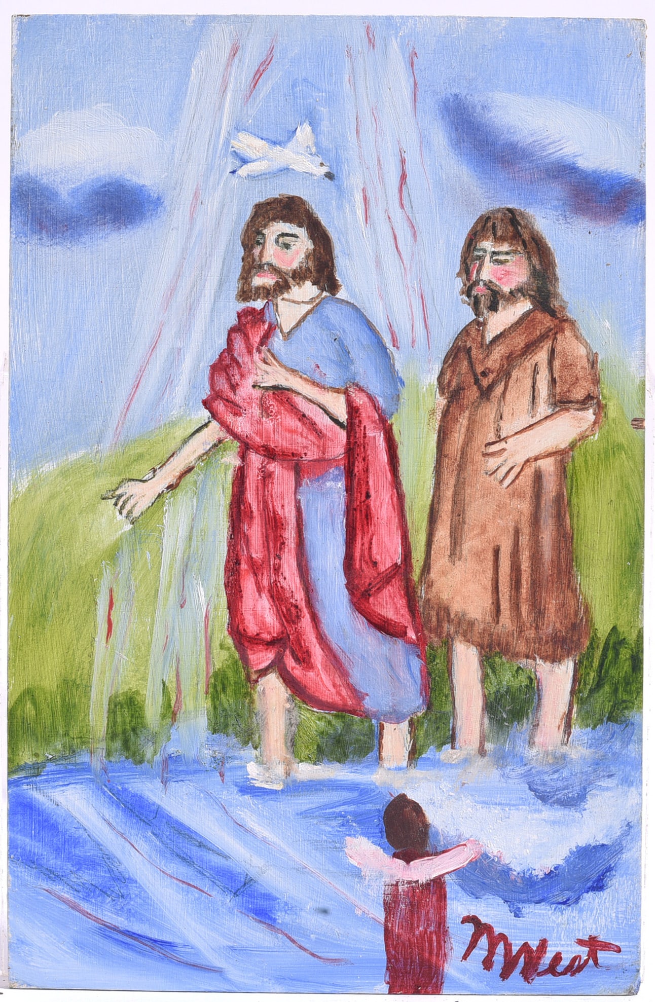 Myrtice West Folk Art Painting: 6"x9" Myrtice West (1923-2010), Alabama self-taught visionary artist best known for intensely personal religious paintings and her celebrated Book of Revelation series. Painting depicting a baptismal 