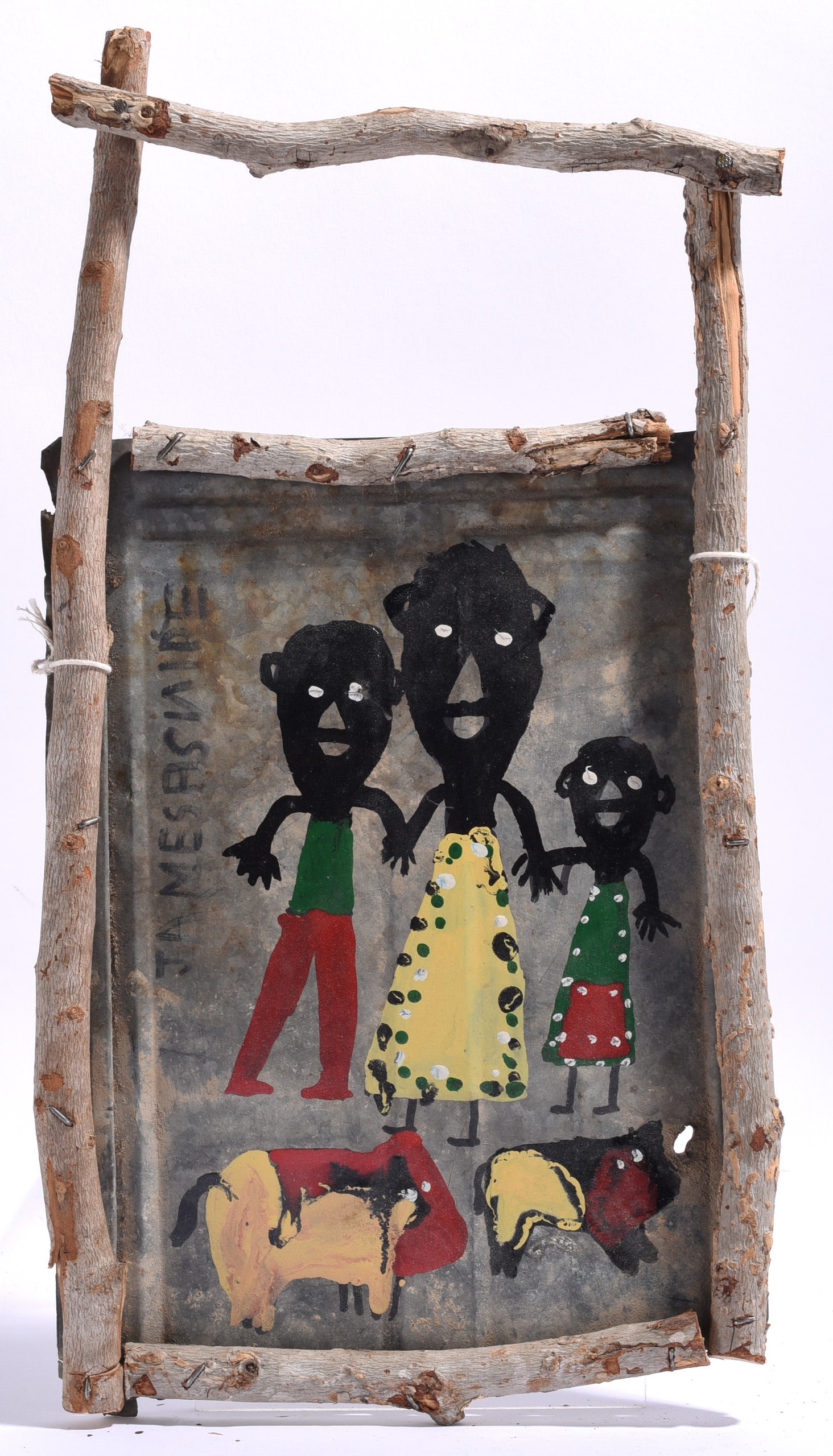 James Buddy Snipes Folk Art Painting: 9.5"x17" James “Buddy” Snipes, Southern self-taught folk artist known for paintings and constructions on found materials. Painted metal panel depicting three family figures and two animals, mo