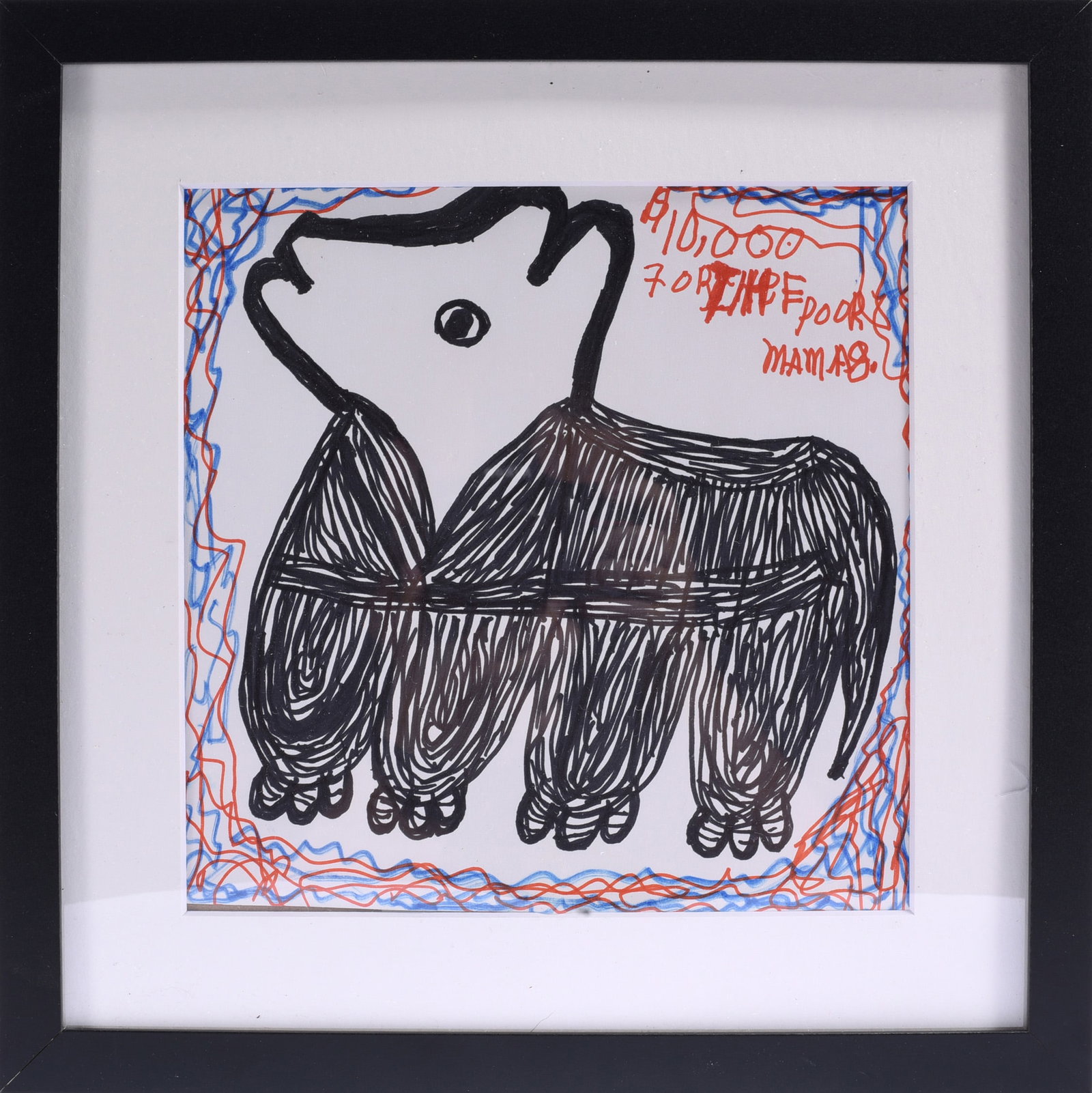 Mama G Folk Art Drawing: 13.5"x13" Folk art drawing signed Mama G., dominated by a heavily outlined four-legged animal rendered in black marker, surrounded by energetic red and blue linear borders and handwritten notations.