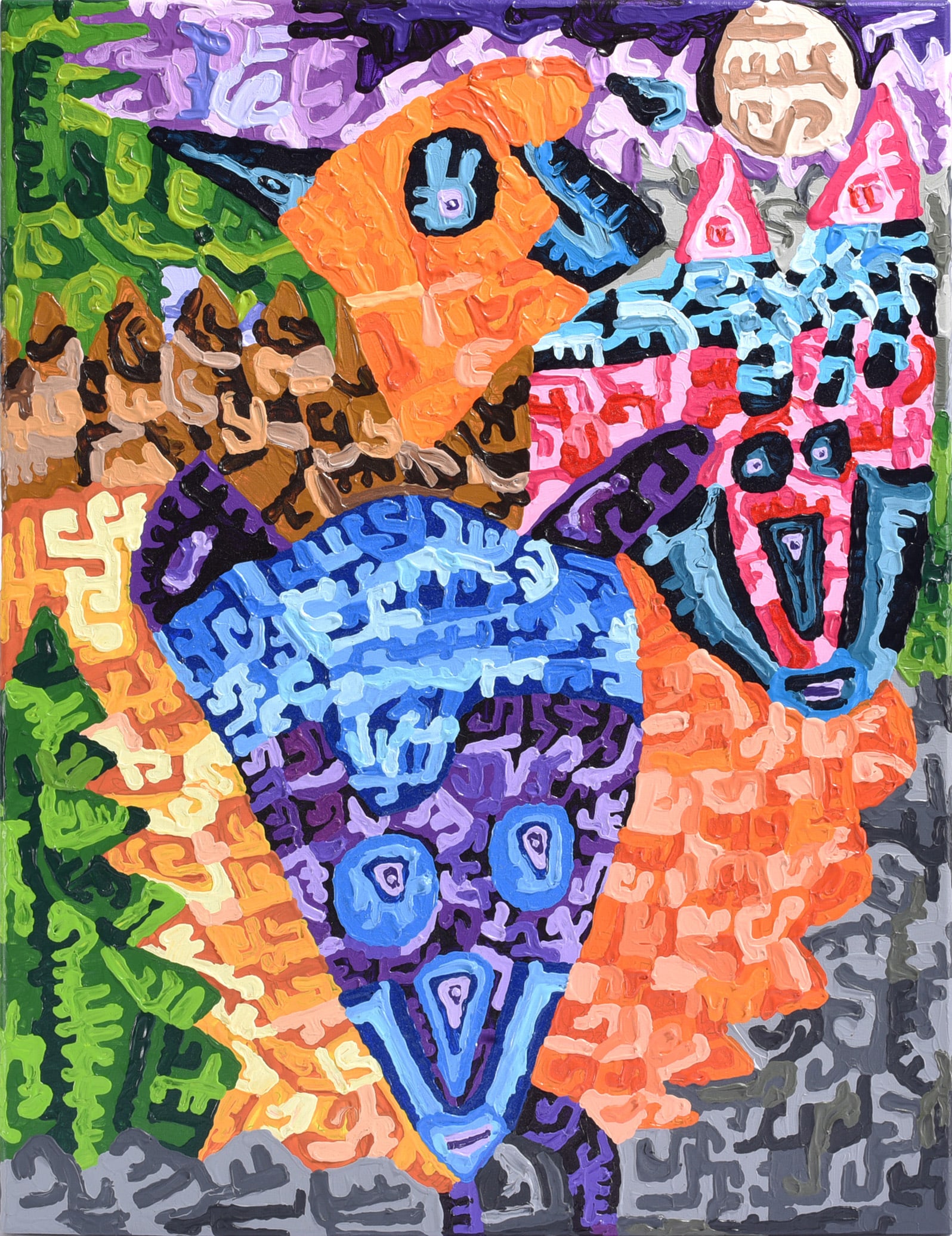 Dominic Killiany Painting: 24"x18" Dominic Killiany is a contemporary outsider artist known for highly textured, intensely colored paintings filled with abstracted figures and dense patterning. This vibrant work features multip