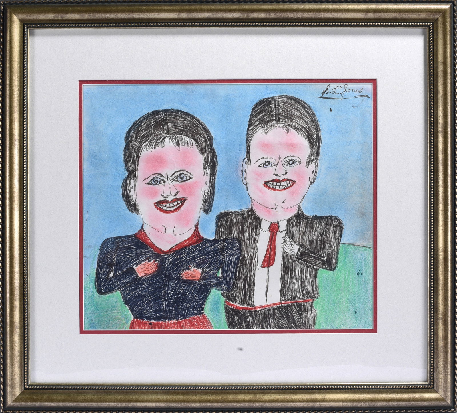 SL Jones Folk Art Mixed Media on Paper Framed: "x23" S.L. Jones (1901–1997) was a self-taught African American artist and woodcarver from West Virginia whose drawings often portrayed people from his community and memories of Appalachian life. Th