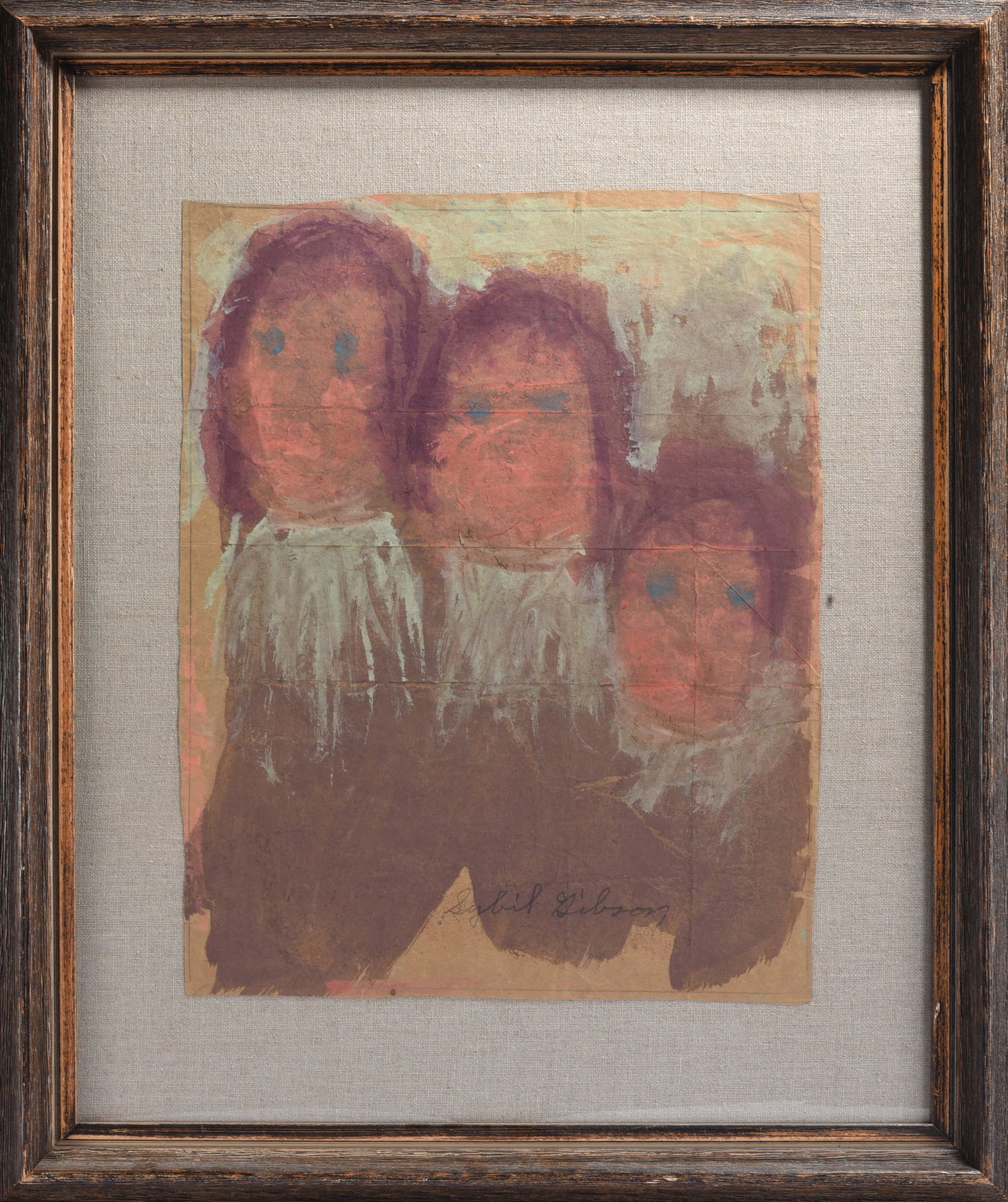 Sybil Gibson Folk Art Painting: 24"x28" Sybil Gibson (1908–1995) was an Alabama-born self-taught artist whose ethereal paintings are represented in important American folk-art collections. Her works frequently feature softly defin