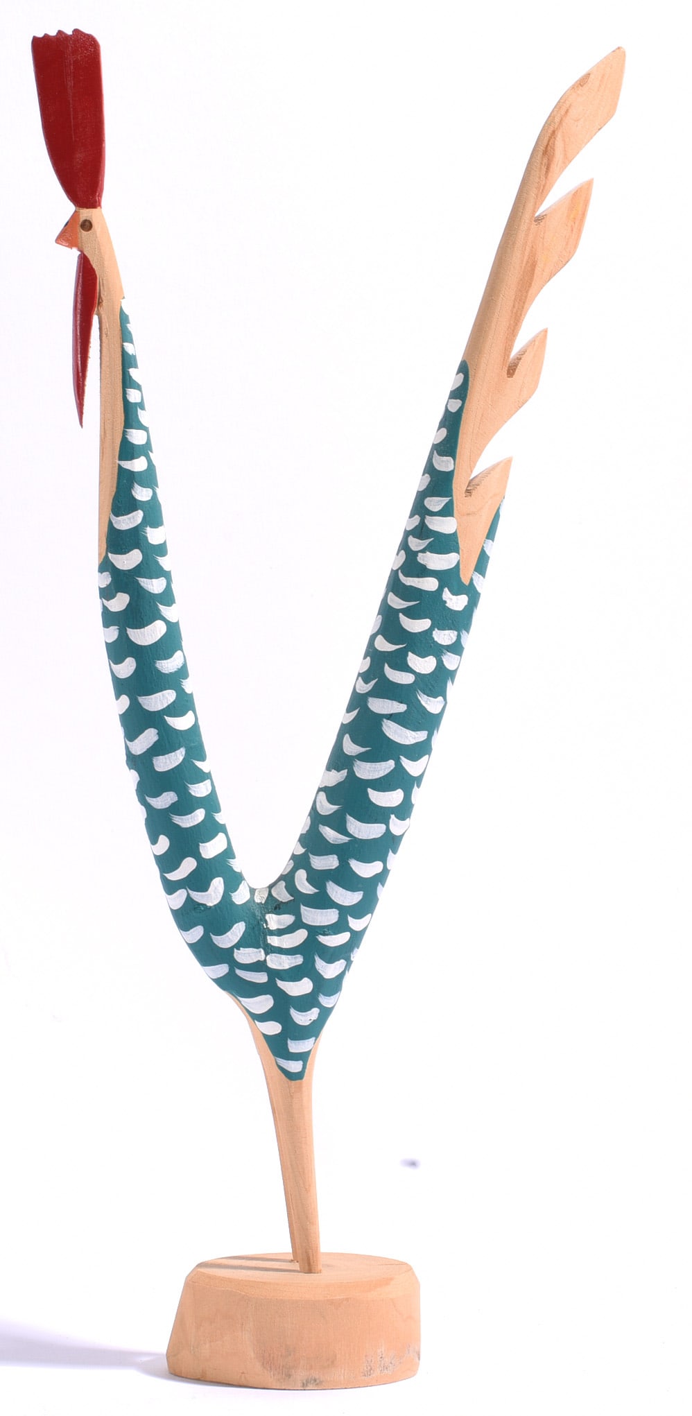 Lonnie and Twyla Money Folk Art Rooster: 14" Lonnie and Twyla Money are Kentucky folk artists known for whimsical hand-carved and brightly painted wooden animals, particularly birds and other creatures. This tall carved rooster features an e