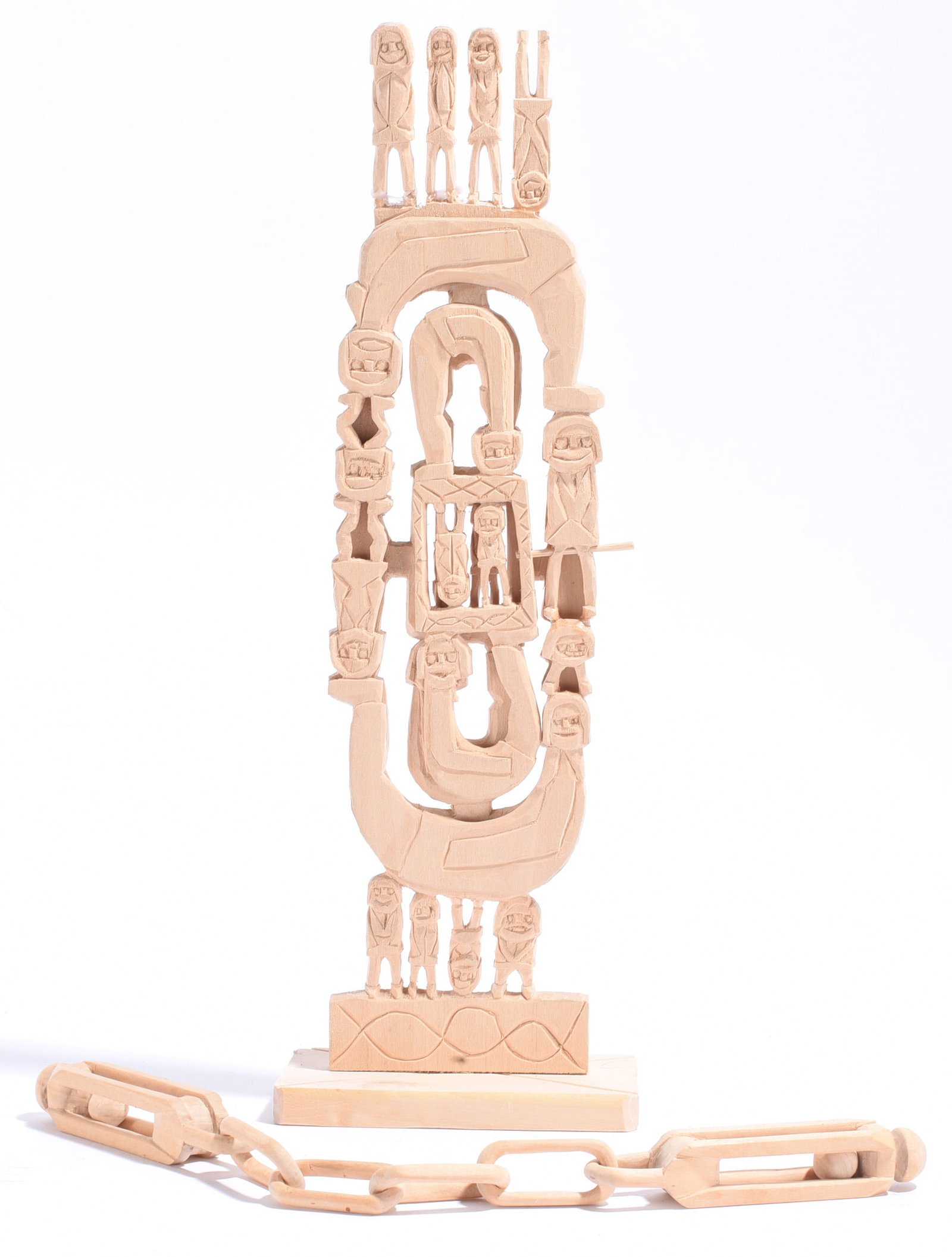 Rev. Herman Hayes Outsider Art Wood Carving: 5"x14.5" Rev. Herman Hayes outsider art wood carving composed of numerous small carved figures arranged within an elaborate openwork structure, accompanied by a hand-carved wooden chain. Hayes is asso