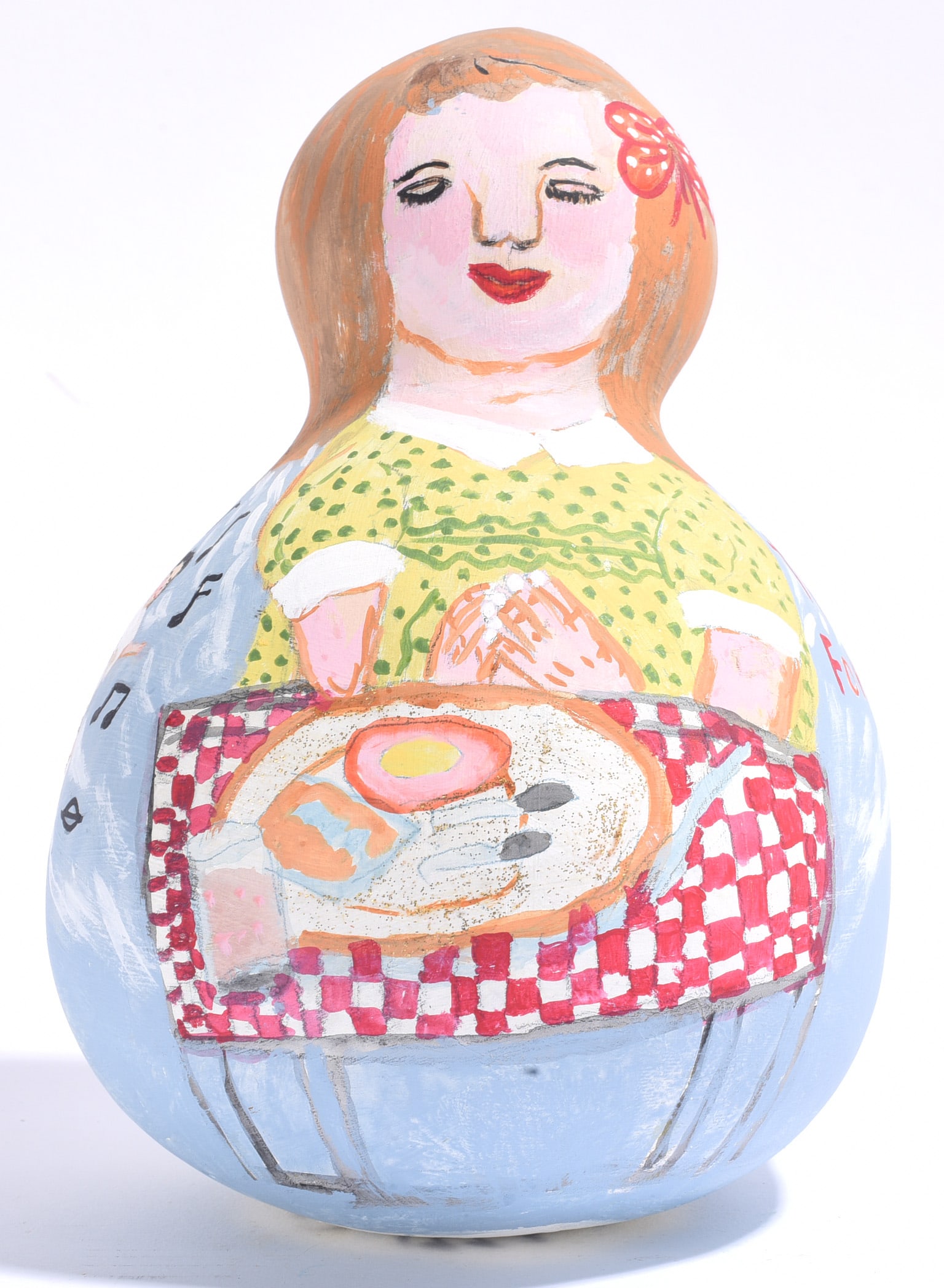 Myrtice West Folk Art Painted Gourd: 10" Myrtice West (1923-2010) painted folk art gourd depicting a woman seated at a red-and-white checkered table with a meal before her. West was a celebrated self-taught Alabama visionary artist best 