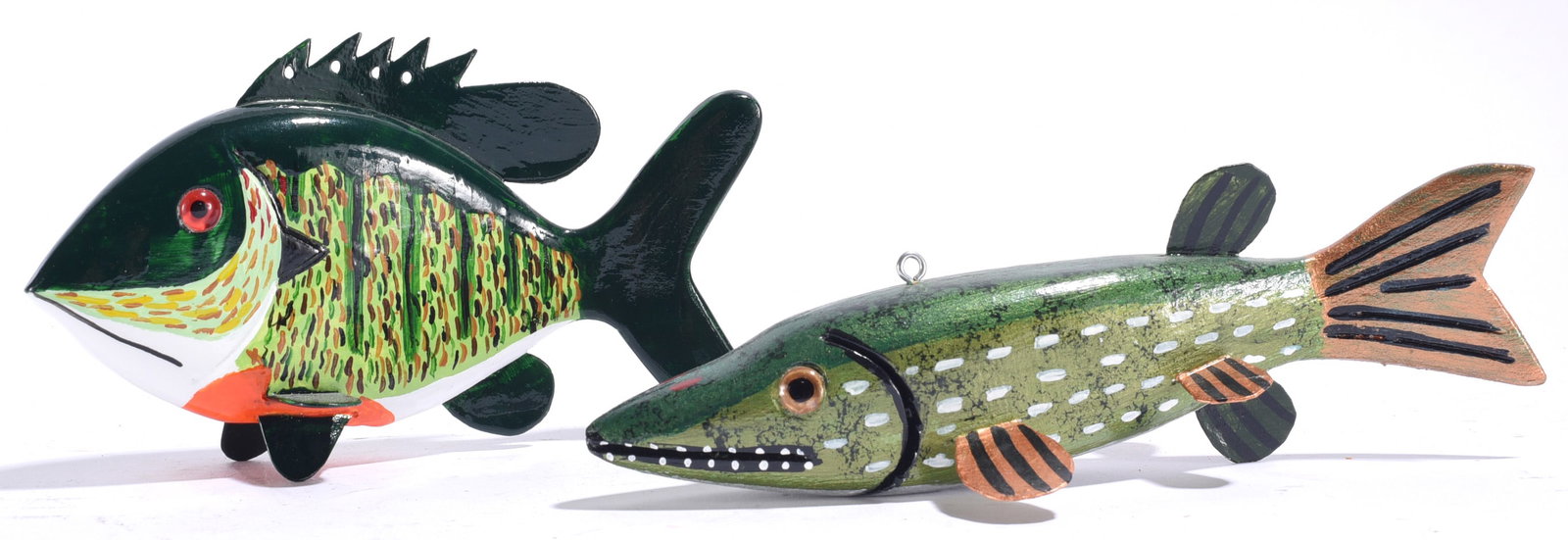 Wooden Fish Decoys signed LF and CM (1 of 3)
