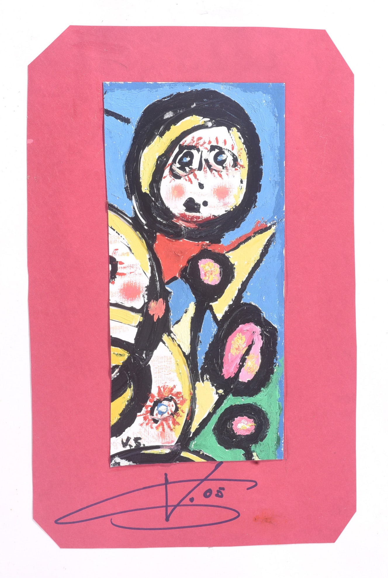 Vittorio Santini Outsider Art on Paper: 18"x10" Outsider art mixed media work on paper by Vittorio Santini featuring a bold abstracted figure rendered in blue, black, yellow, red, pink and green. Mounted on red paper and signed and dated