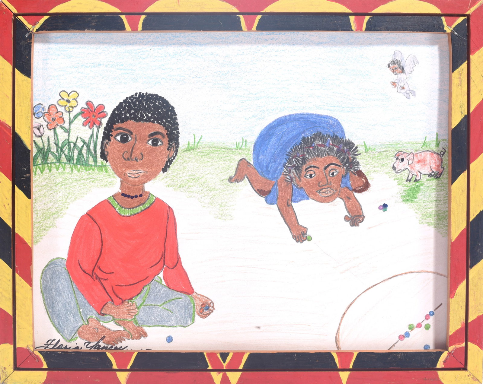 Foria Yancey Drawing on Paper: 13"x10" Folk art drawing on paper by Floria Yancey depicting two figures playing marbles outdoors with flowers, a pig and small angel in the background. Presented in a colorful hand-painted red, yello