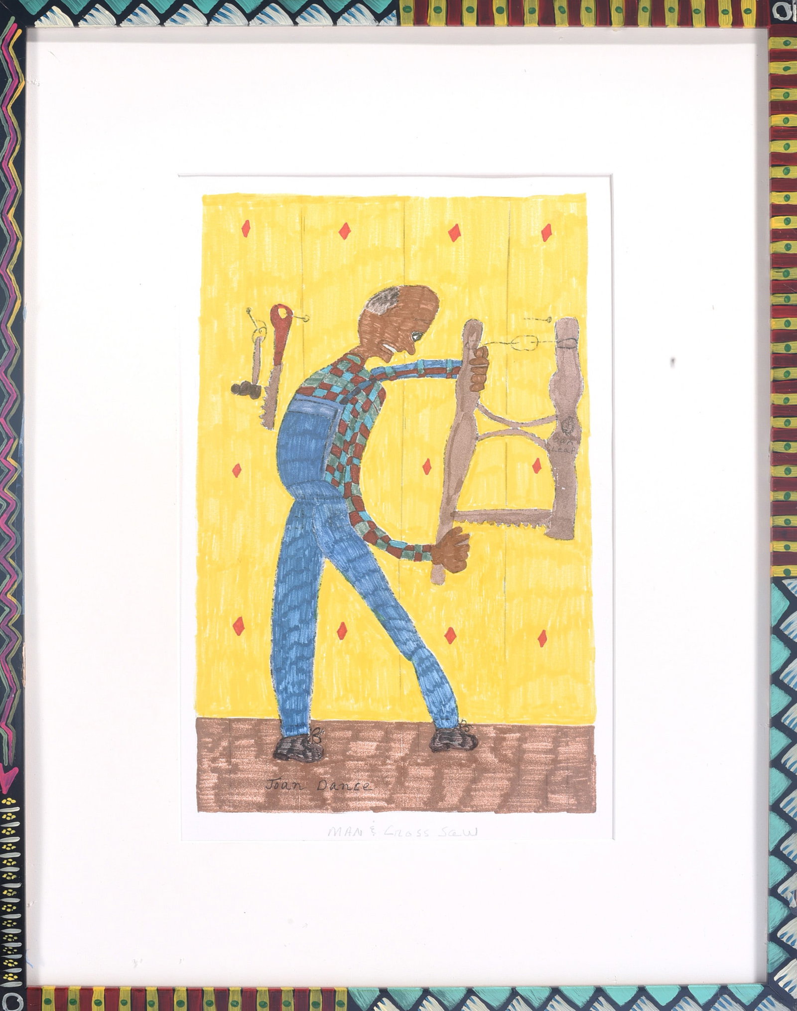 Joan Dance Mixed Media on Paper: 21"x16" Mixed media work on paper by Joan Dance depicting a man working with a crosscut saw against a bright yellow background. Signed Joan Dance lower portion and titled "Man & Cross Saw." Presented