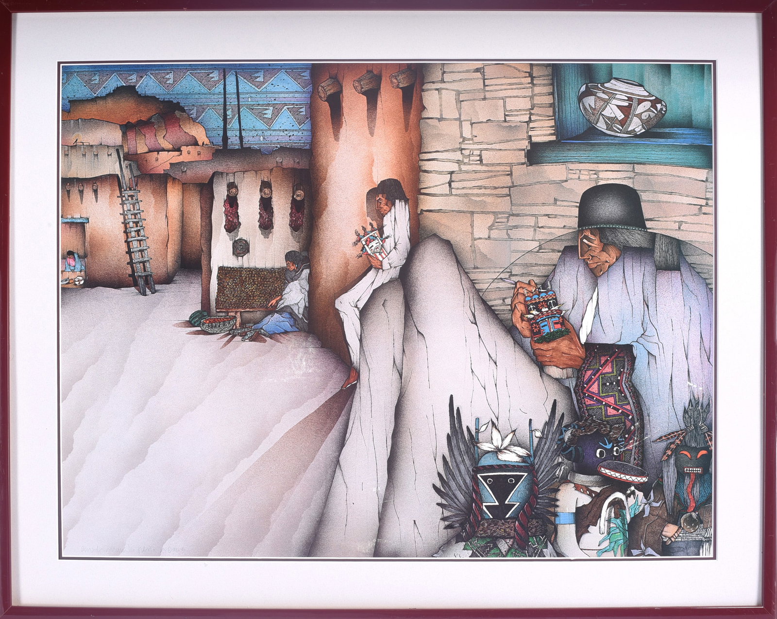 Southwest American Print Framed and Pencil Signed Print Framed: 28"x22" Framed Southwest American print depicting Pueblo architecture and Native American figures with pottery, textiles and ceremonial imagery. Detailed composition in muted earth tones, blues and
