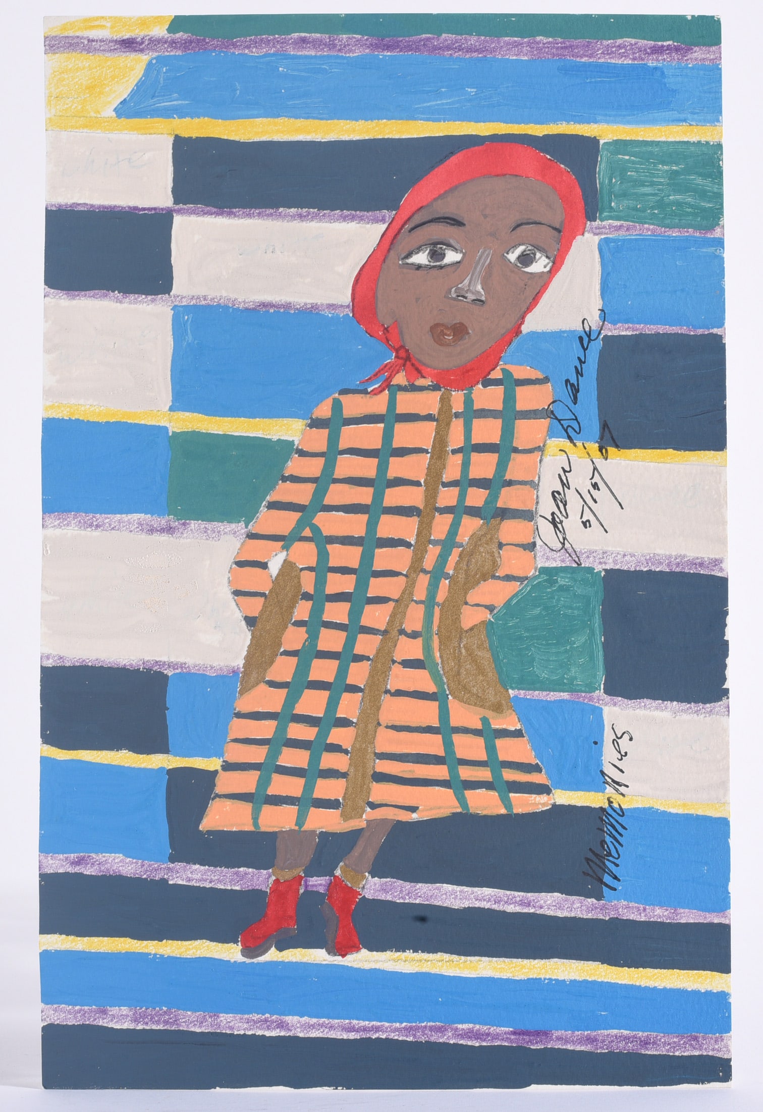 Joan Dance Folk Art Painting: 7"x11" Joan Dance folk art painting depicting a woman in a red head covering and striped dress against a colorful geometric background. Signed and dated by the artist.