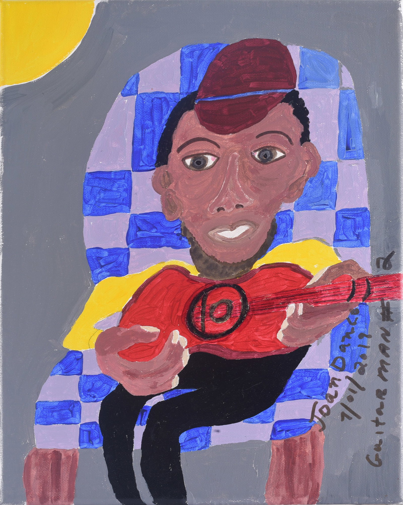 Joan Dance Folk Art Painting: 16"x12" Joan Dance folk art painting depicting a seated musician playing a red guitar. Boldly painted in red, blue, yellow and gray and signed by the artist.
