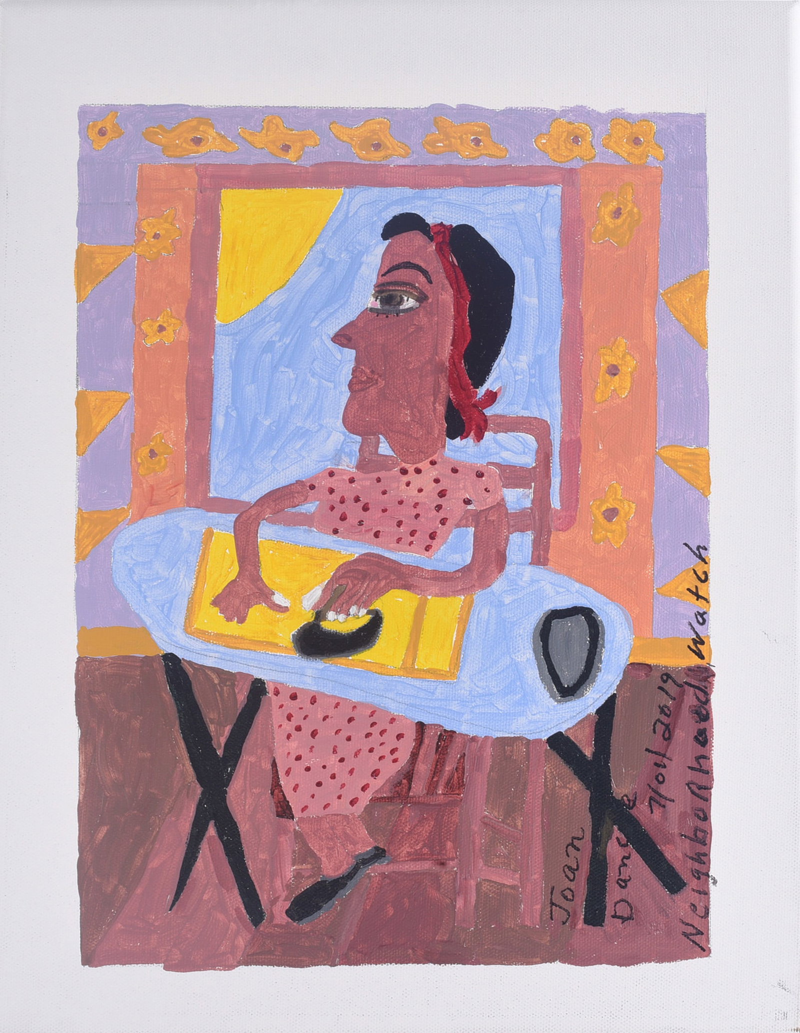 Joan Dance Folk Art Painting: 16"x12" Joan Dance folk art painting depicting a seated woman ironing clothes in a colorful domestic interior. Signed and dated by the artist.