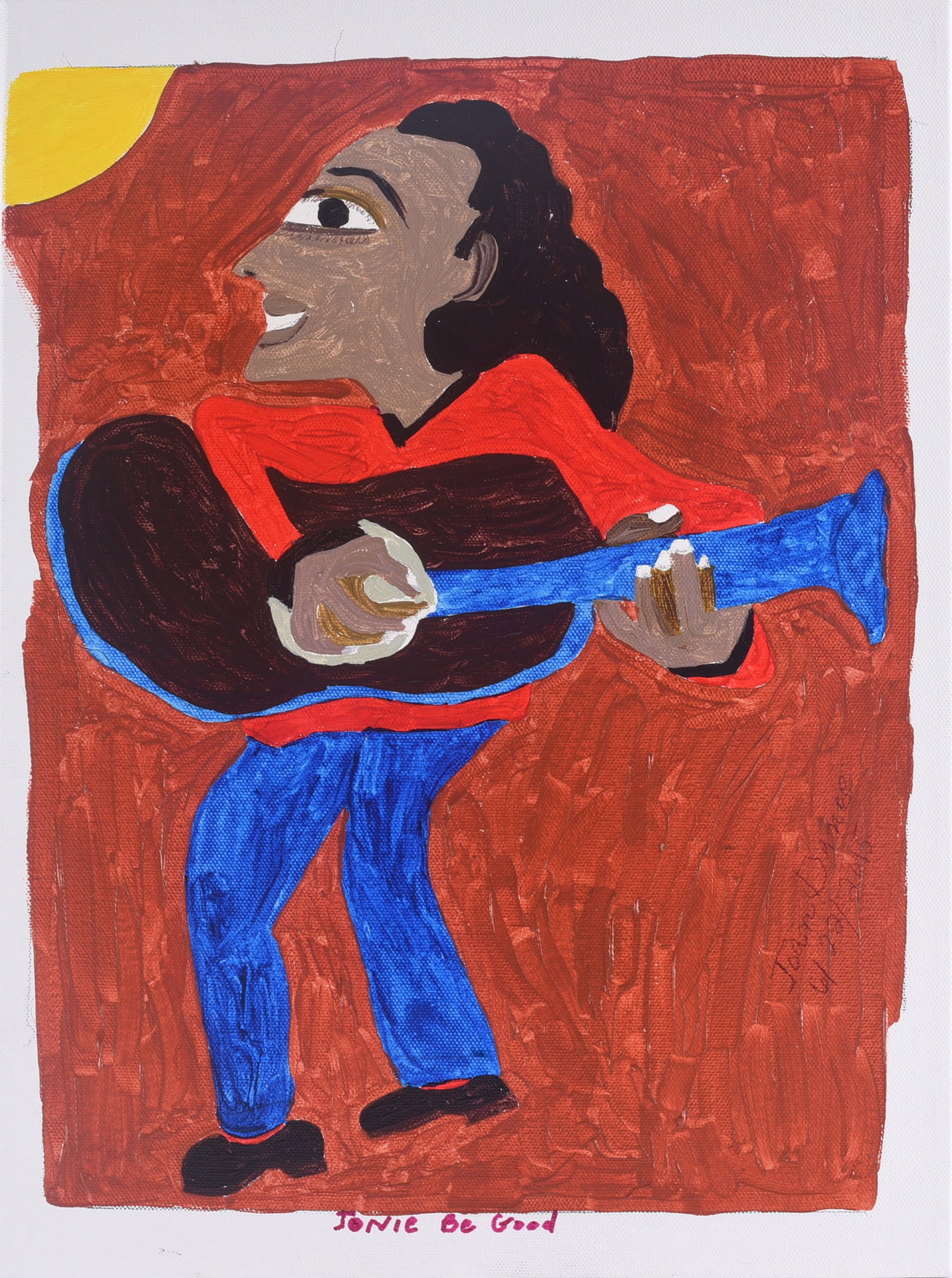 Joan Dance Folk Art Painting: 16"x12" Joan Dance folk art painting depicting a standing musician playing a blue guitar against a rich red background. Signed by the artist and titled along the lower edge.