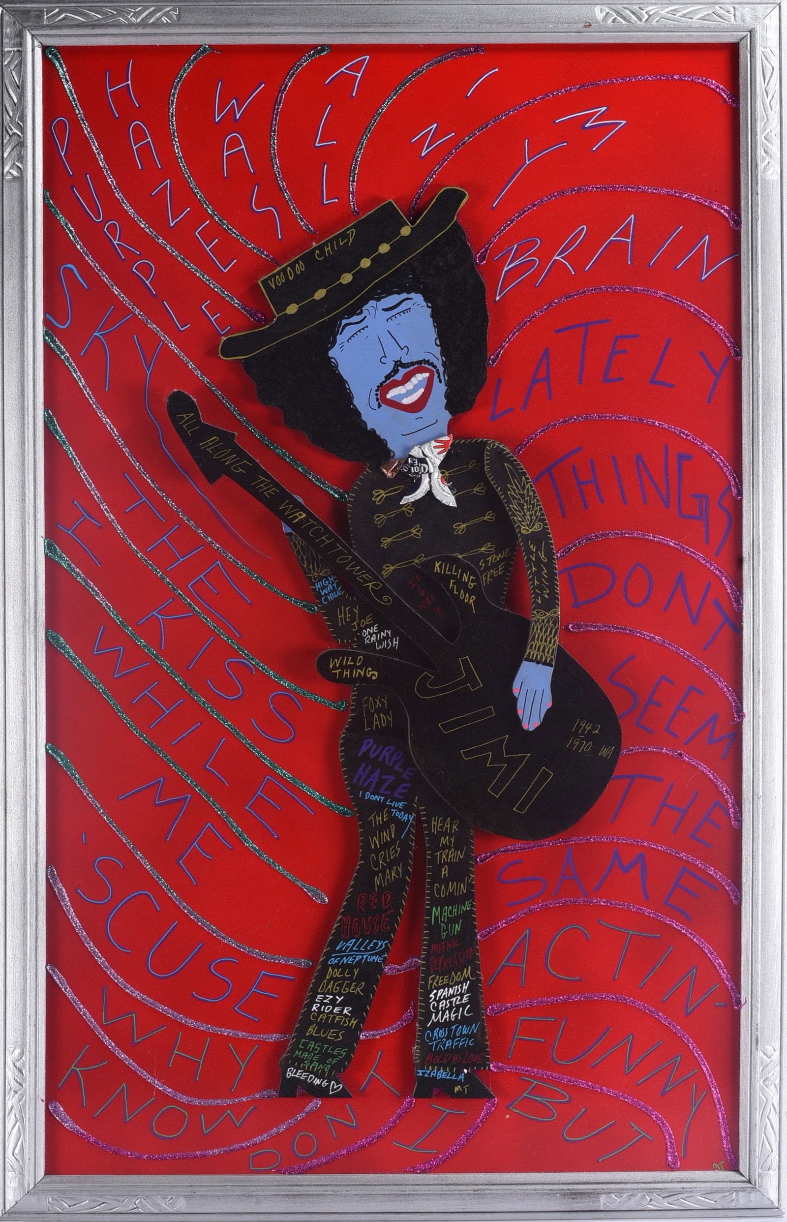 Miz Thang Folk Art Cutout and Paint: 20"x32" Miz Thang folk art mixed-media cutout portrait depicting Jimi Hendrix against a vivid red background. Figure and background feature extensive hand-lettered song titles and decorative details,