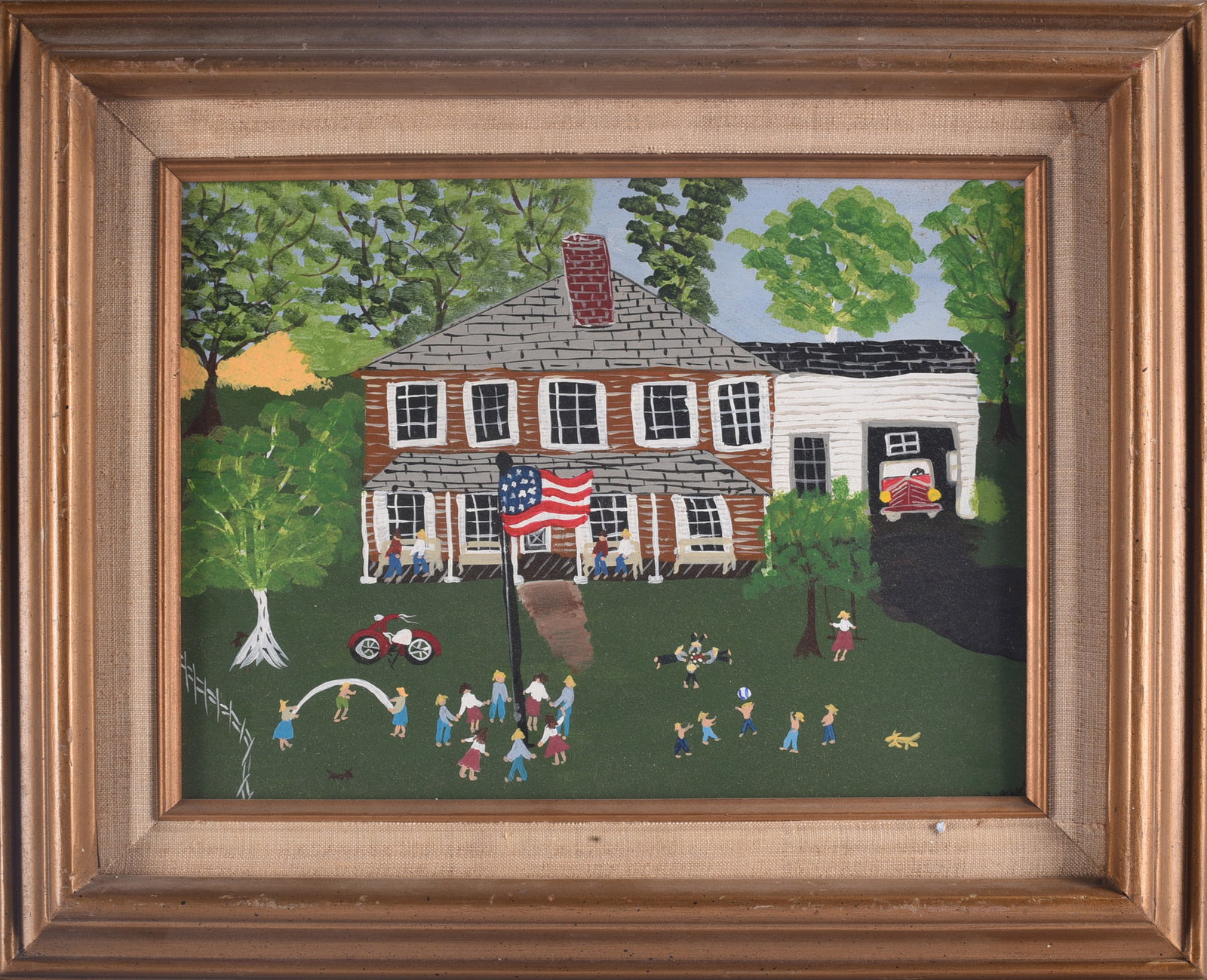 Lee Gray Folk Art Painting: 17"x14" Lee Gray folk art painting depicting a large American home with figures, children at play, an American flag and vintage automobile. Colorful narrative scene presented in a decorative frame.