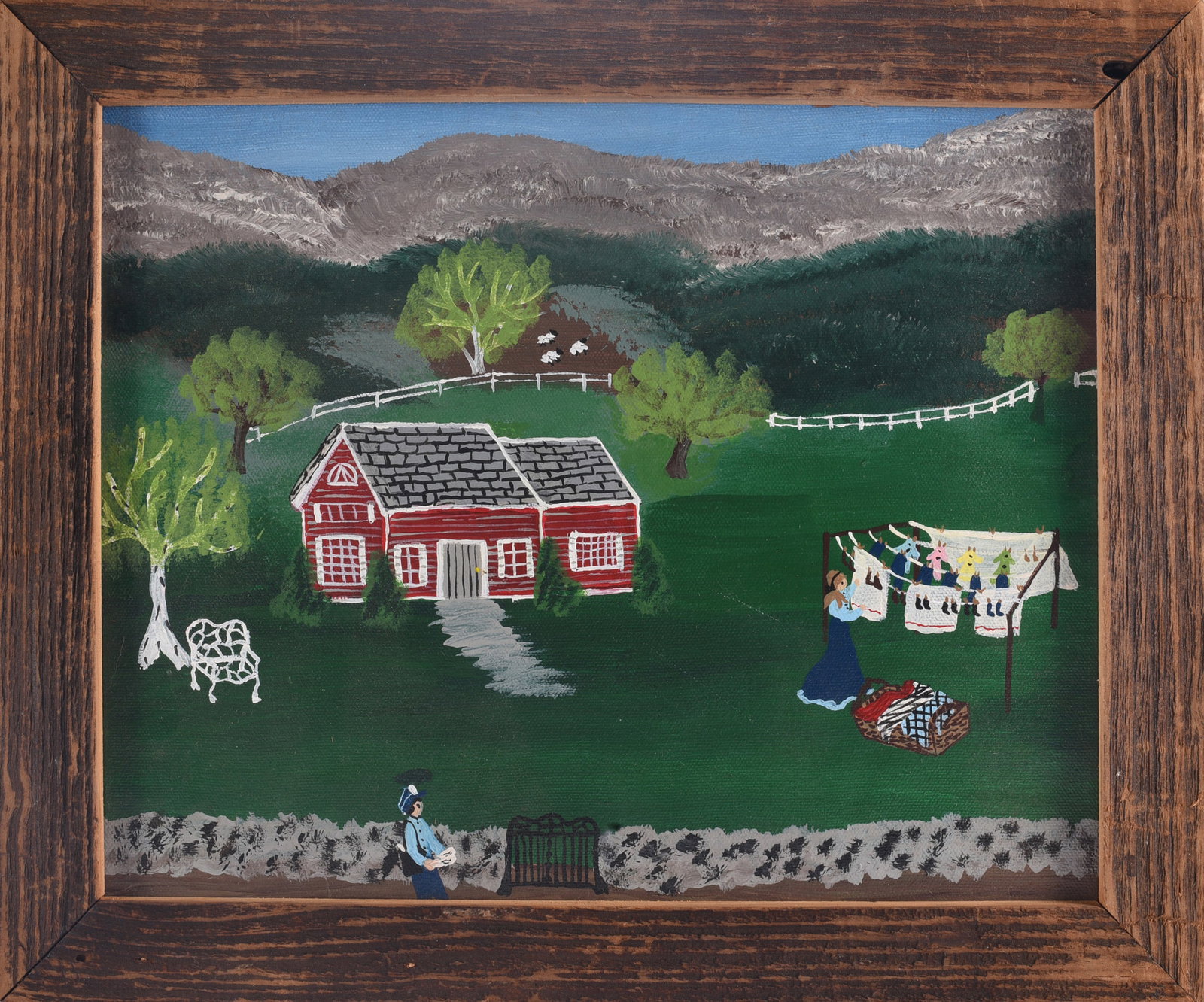 Lee Gray Folk Art Painting: 16"x13" Lee Gray folk art painting depicting a rural homestead with red house, mountain landscape, clothesline and figures engaged in everyday activities. Presented in a rustic wood frame.