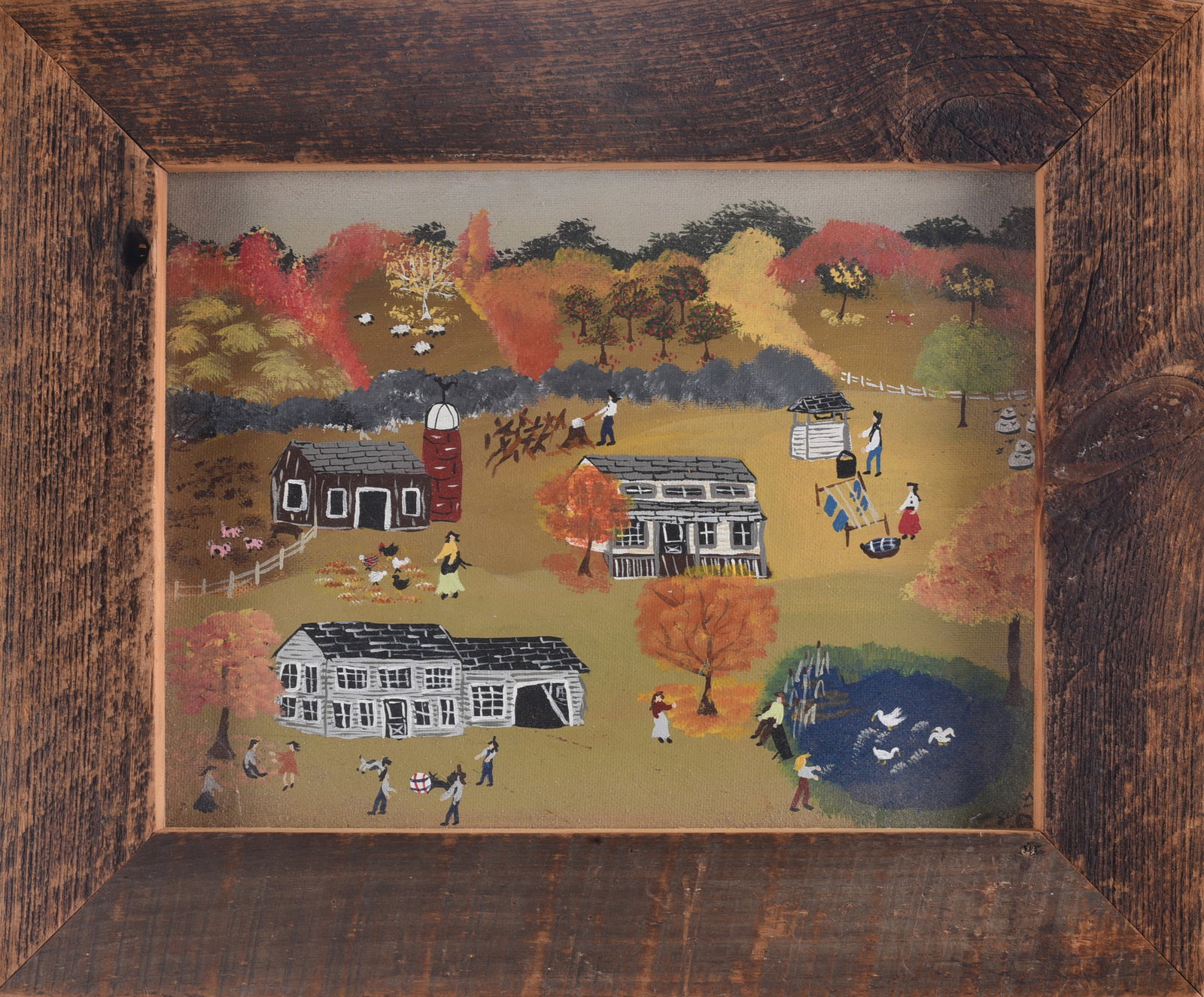 Lee Gray Folk Art Painting: 16"x13" Lee Gray folk art painting depicting an autumn farm and village scene with multiple houses, figures, animals, pond and colorful fall foliage. Presented in a rustic wood frame.