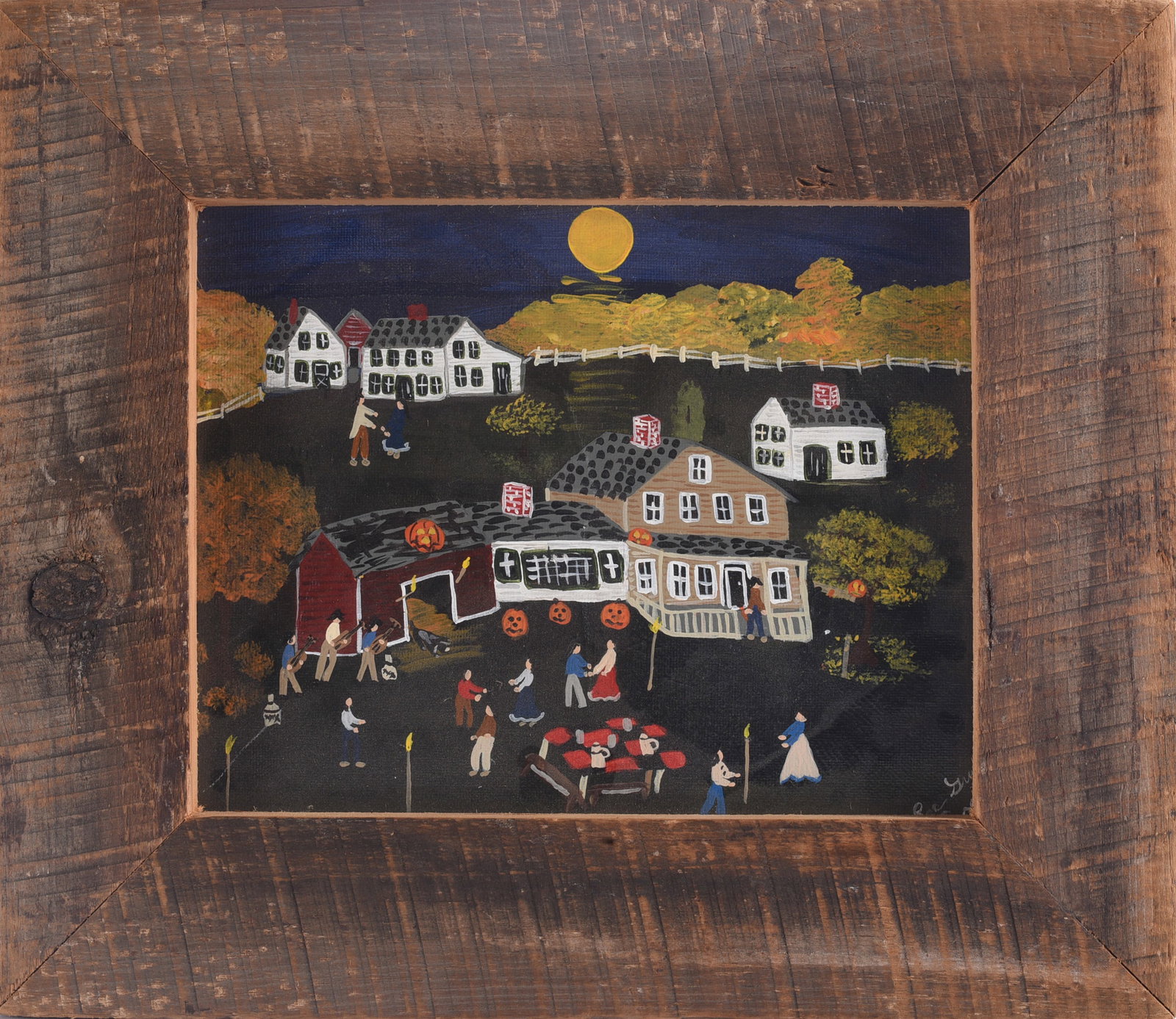 Lee Gray Folk Art Painting: 15"x13" Lee Gray folk art painting depicting a moonlit rural community with houses, figures and Halloween imagery including jack-o'-lanterns. Presented in a rustic wood frame.