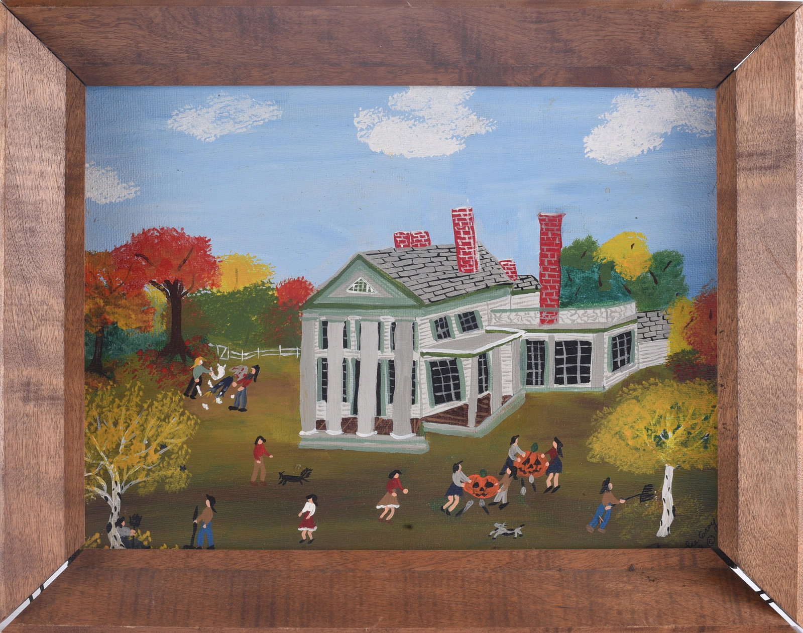 Lee Gray Folk Art Painting: 14"x11" Lee Gray folk art painting depicting a large Southern-style house surrounded by figures and autumn foliage. Detailed narrative composition presented in a wood frame.
