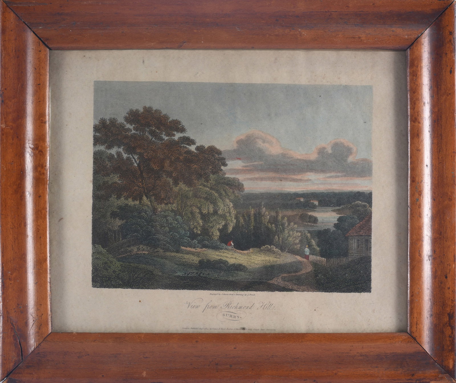 View From Richmond Hills Print: 12"x10" Antique hand-colored print titled “View from Richmond Hill, Surrey,” depicting a pastoral landscape with distant water and figures, housed in a period wooden frame.