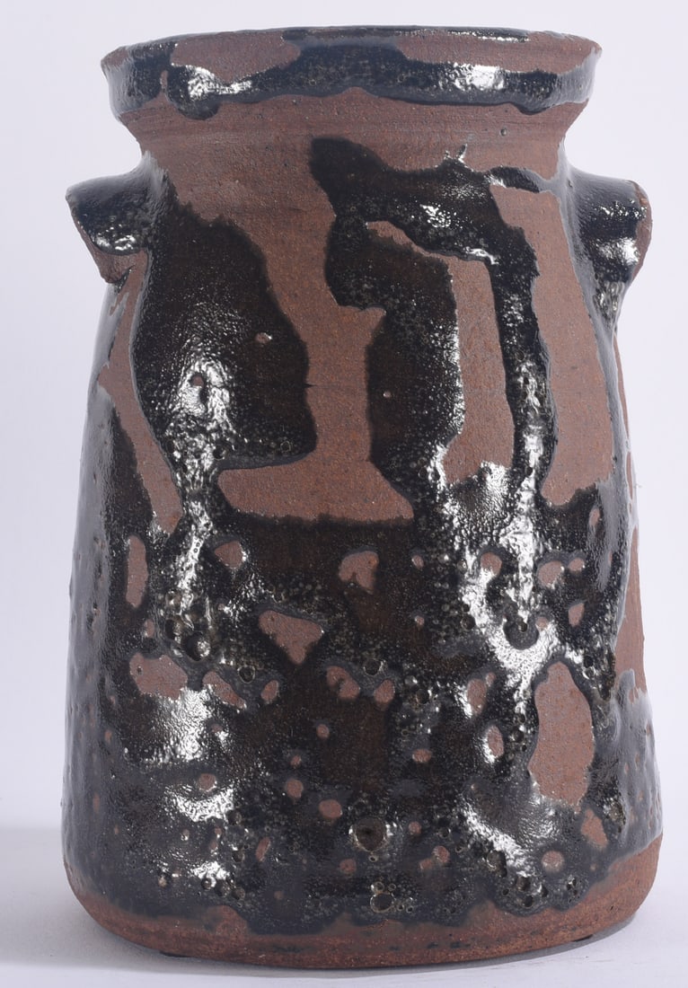 Burlon Craig RARE Glazed Small Churn: 9" Rare small Burlon Craig pottery churn with dramatic runny alkaline glaze over exposed clay and applied lug handles.