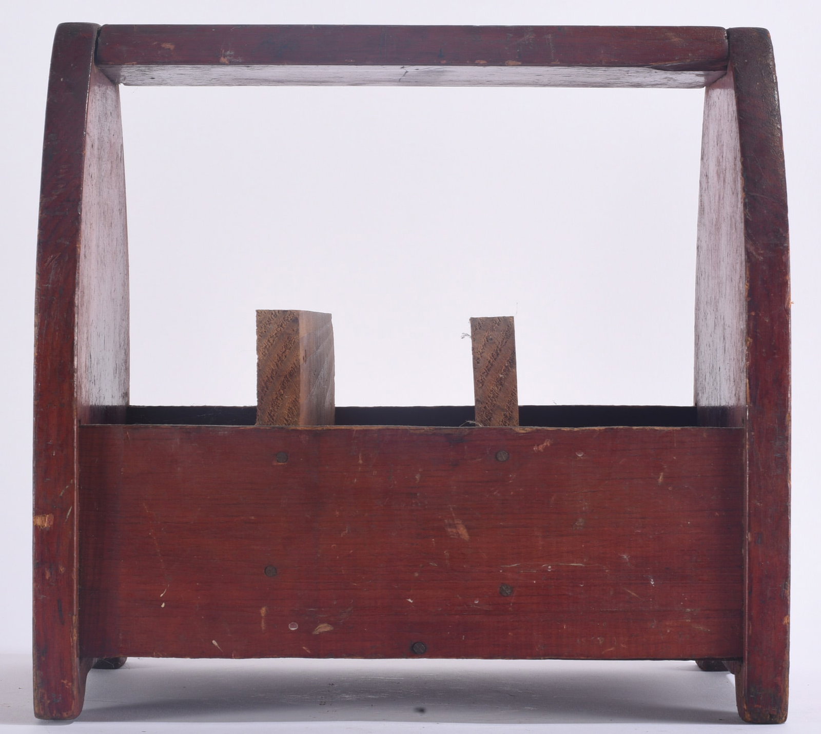 Antique Cobblers Tool Box: 13"x13" Antique handmade wooden cobbler's tool box or carrier retaining an old red painted surface with substantial age-related wear and patina. Constructed with an open upper carrying frame and deep