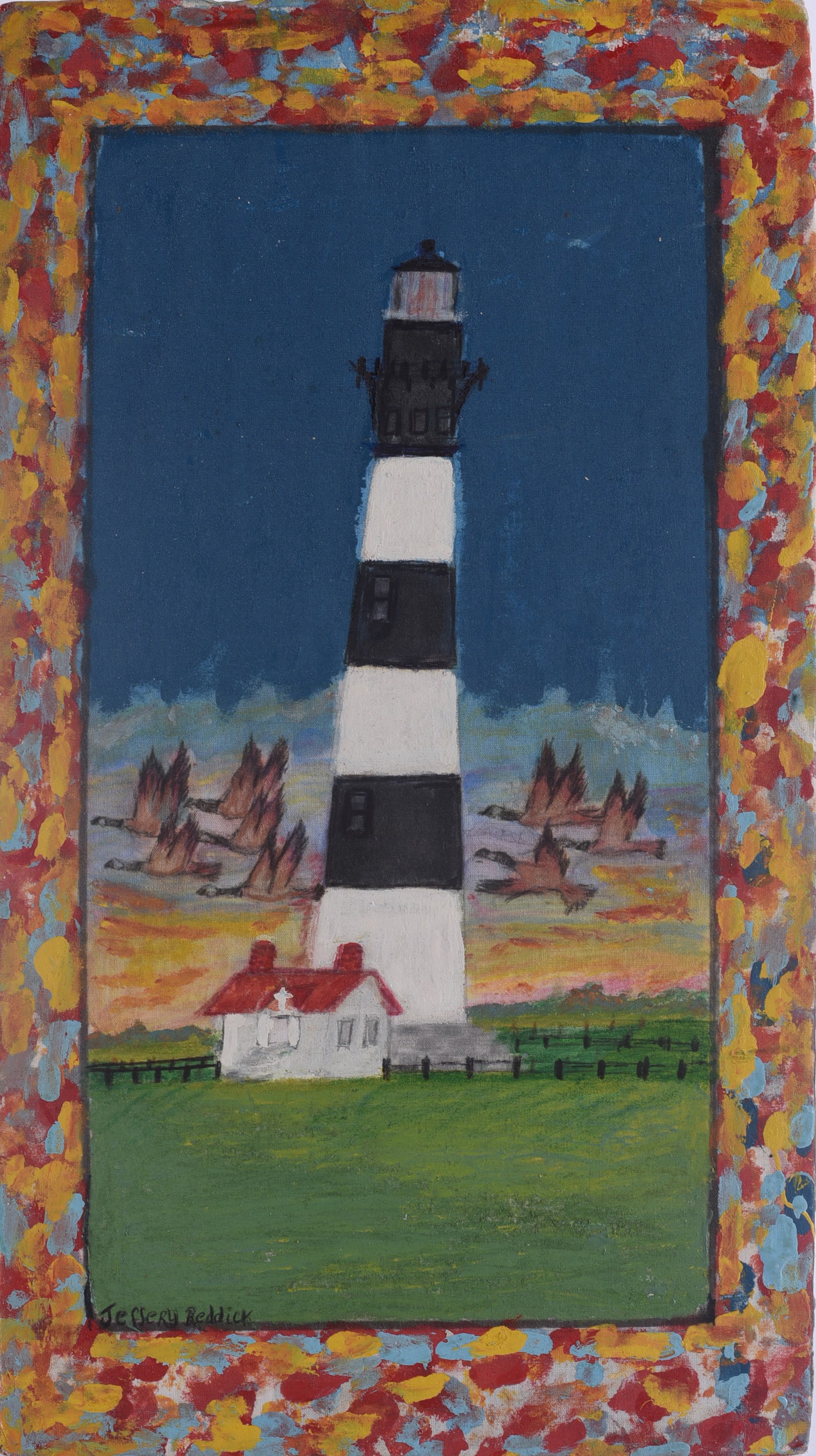 Jeffery Reddick Folk Art Painting: 10.5"x19" Original folk art painting by North Carolina self-taught artist Jeffery Reddick (born 1951), signed lower left. Depicts a black-and-white striped lighthouse and keeper's house beneath a