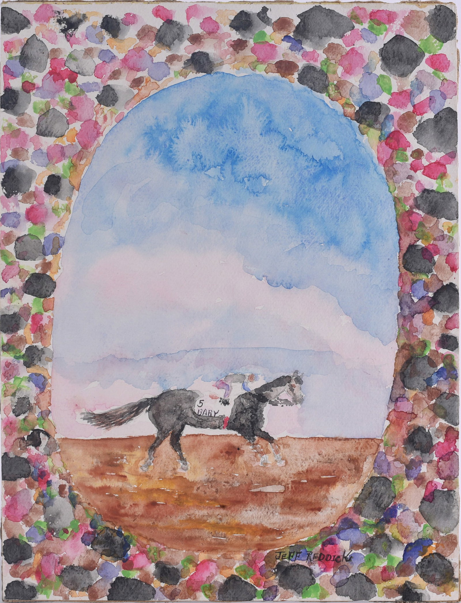 Jeffery Reddick Folk Art Painting: 11"x15" Original watercolor by North Carolina self-taught artist Jeffery Reddick (born 1951), signed lower right. Depicts a racehorse and jockey beneath an expansive blue-and-pink sky, surrounded by