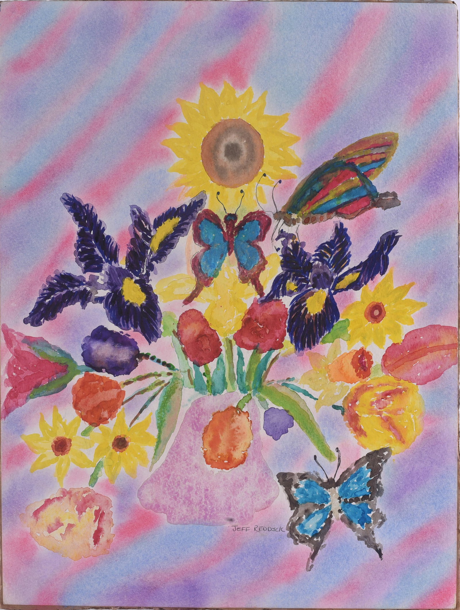 Jeffery Reddick Folk Art Painting: 11"x15" Original watercolor by North Carolina self-taught artist Jeffery Reddick (born 1951), signed near lower center. Colorful floral still life featuring a vase overflowing with sunflowers and