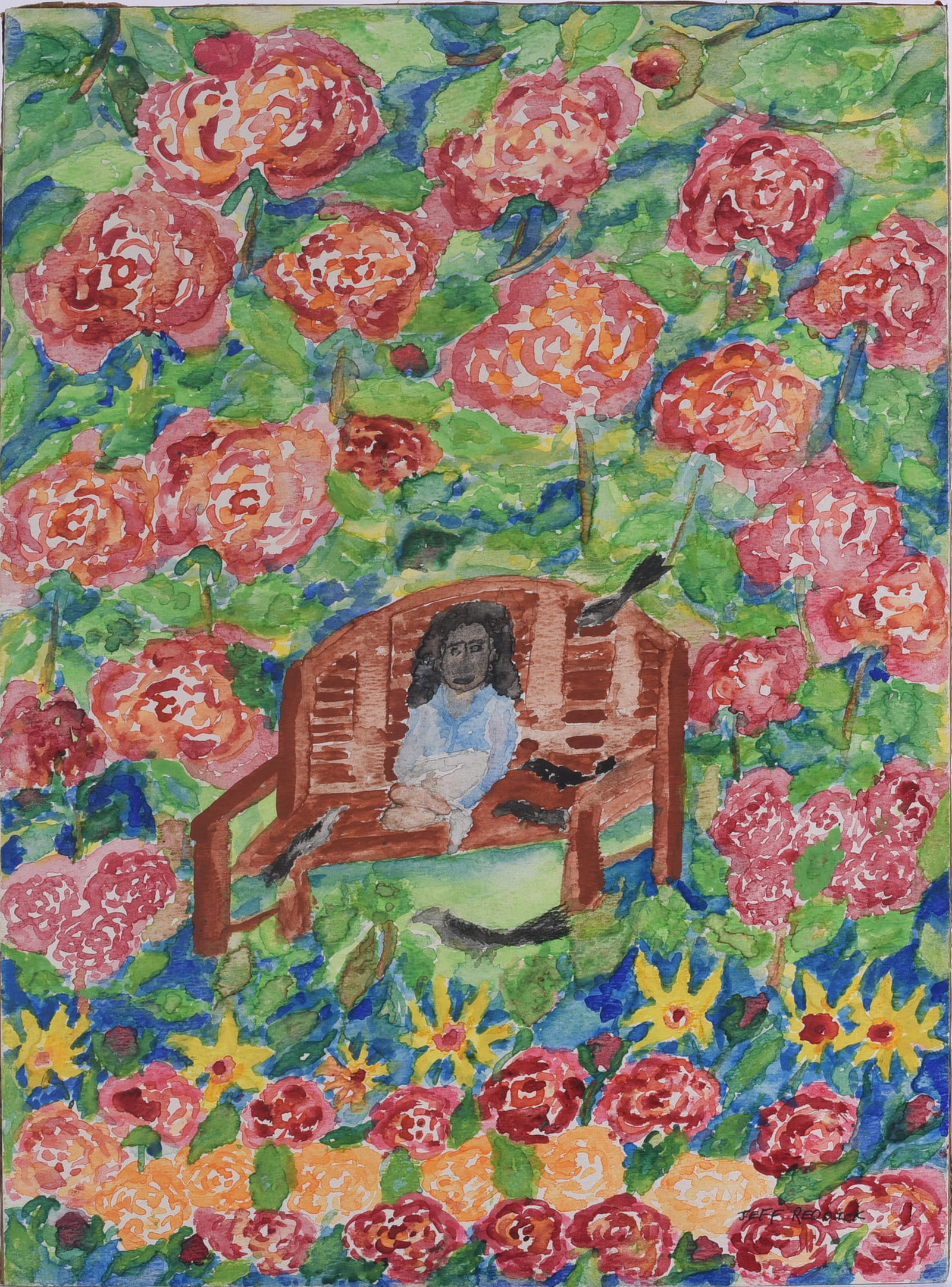 Jeffery Reddick Folk Art Painting: 11"x15" Original watercolor by North Carolina self-taught artist Jeffery Reddick (born 1951), signed lower right. Elaborate garden scene depicting a seated woman surrounded by an almost enveloping