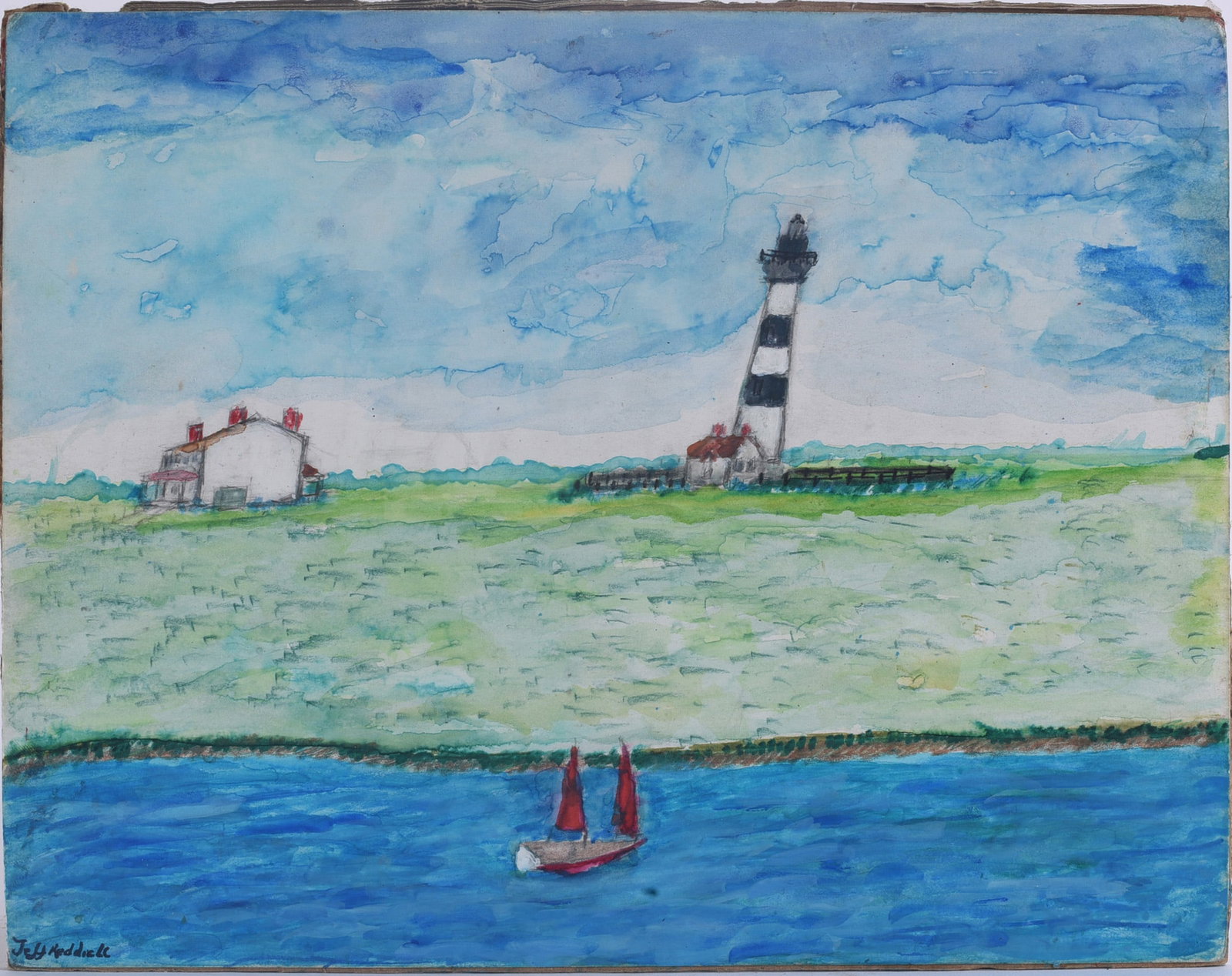Jeffery Reddick Folk Art Painting: 12"x9" Original watercolor by North Carolina self-taught artist Jeffery Reddick (born 1951), signed lower left. Coastal landscape depicting a black-and-white striped lighthouse and associated building