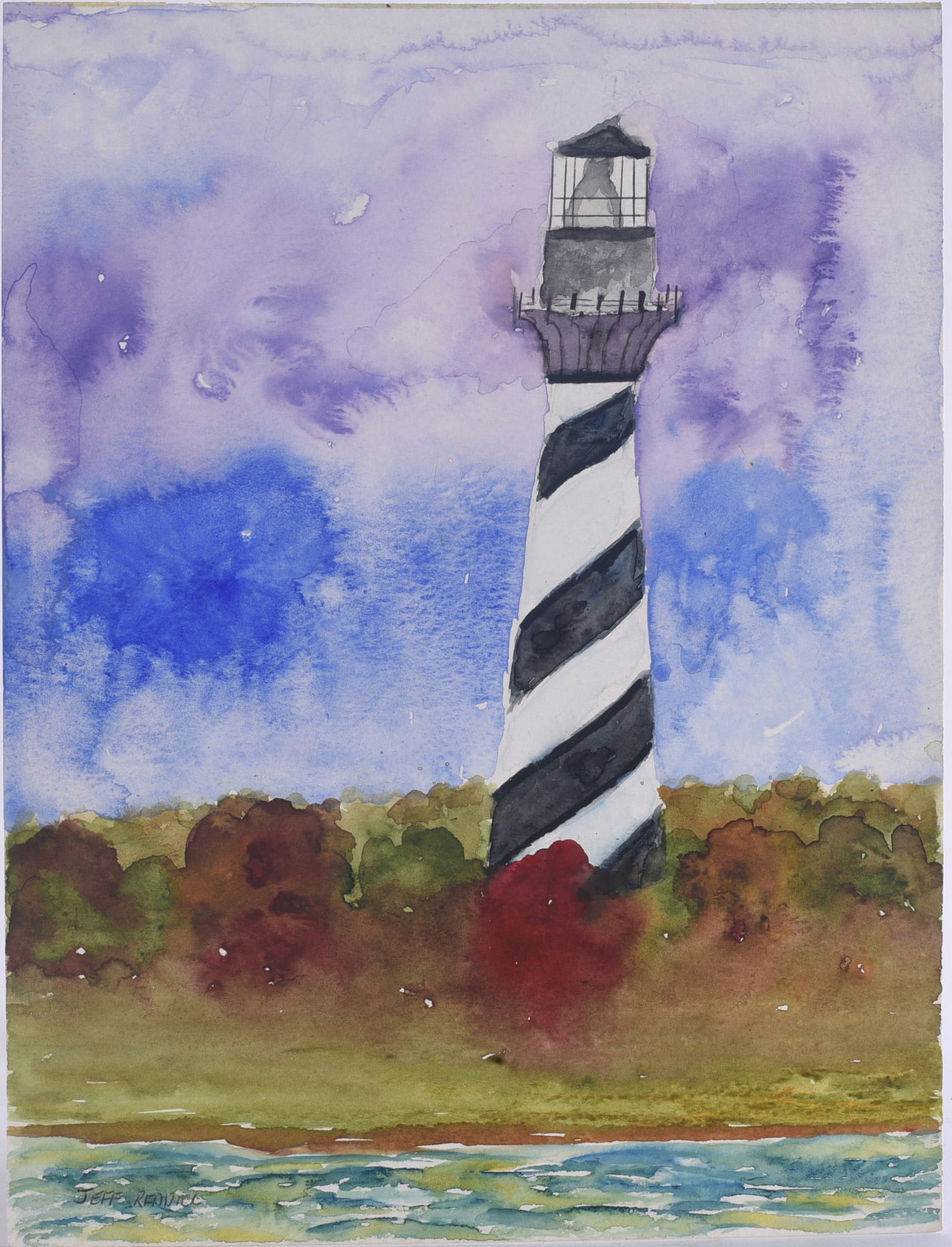 Jeffery Reddick Folk Art Painting: 9"x12" Original watercolor by North Carolina self-taught artist Jeffery Reddick (born 1951), signed lower left. Depicts a tall black-and-white spiral-striped lighthouse rising above a wooded
