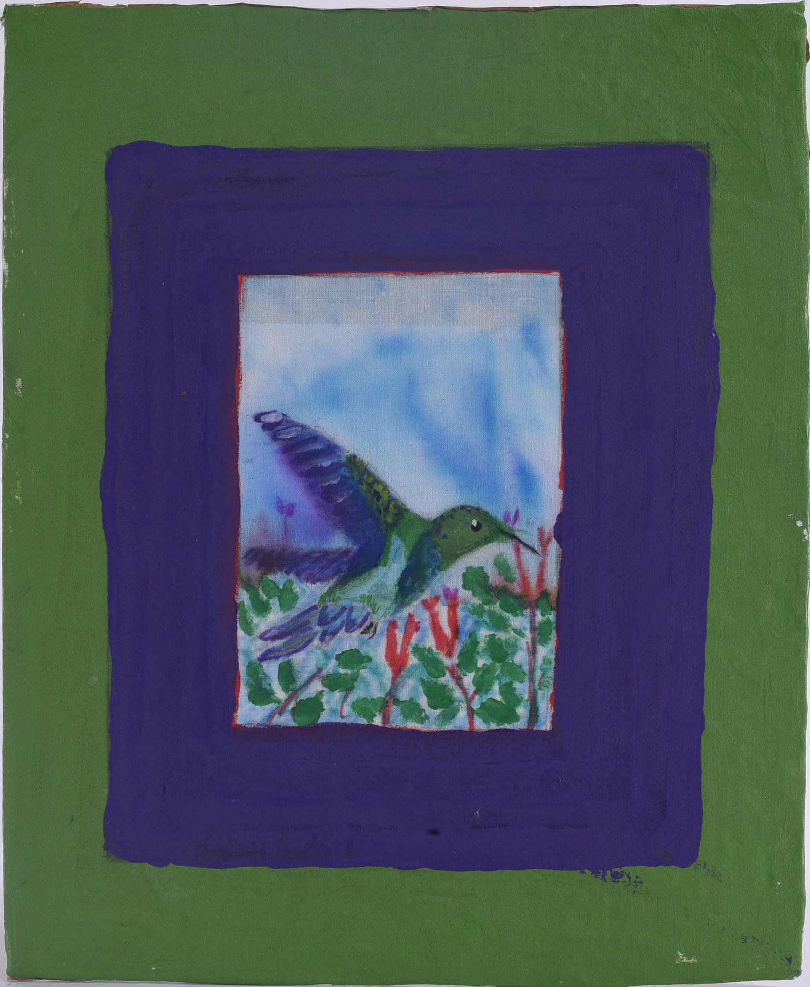 Jeffery Reddick Folk Art Painting: 12"x15" Original folk art painting by North Carolina self-taught artist Jeffery Reddick (born 1951). Depicts a hummingbird hovering among flowers and foliage, surrounded by broad painted borders of