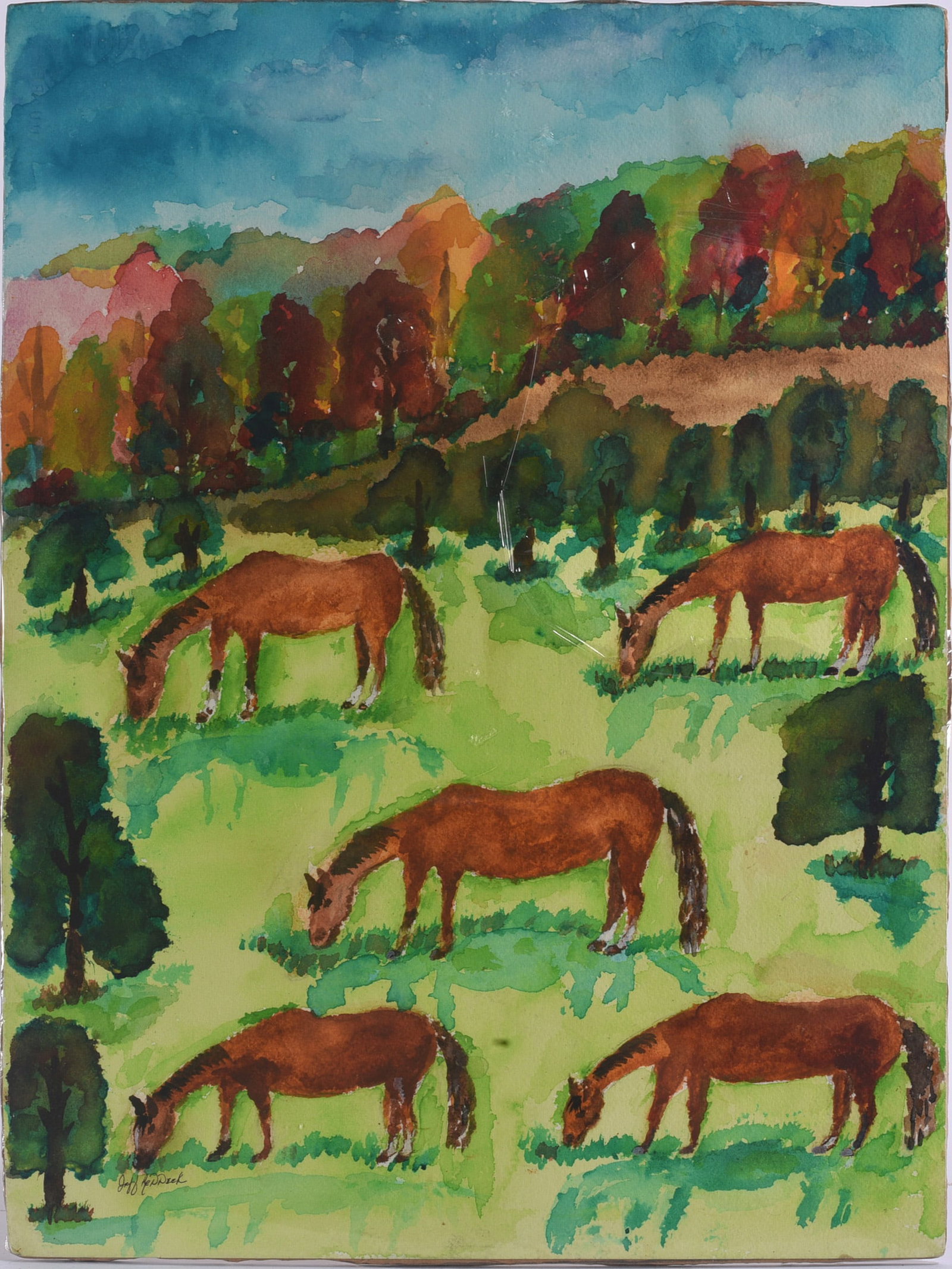 Jeffery Reddick Folk Art Painting: 11"x15" Original watercolor by North Carolina self-taught artist Jeffery Reddick (born 1951), signed lower left. Depicts five brown horses grazing across a rolling green landscape backed by colorful