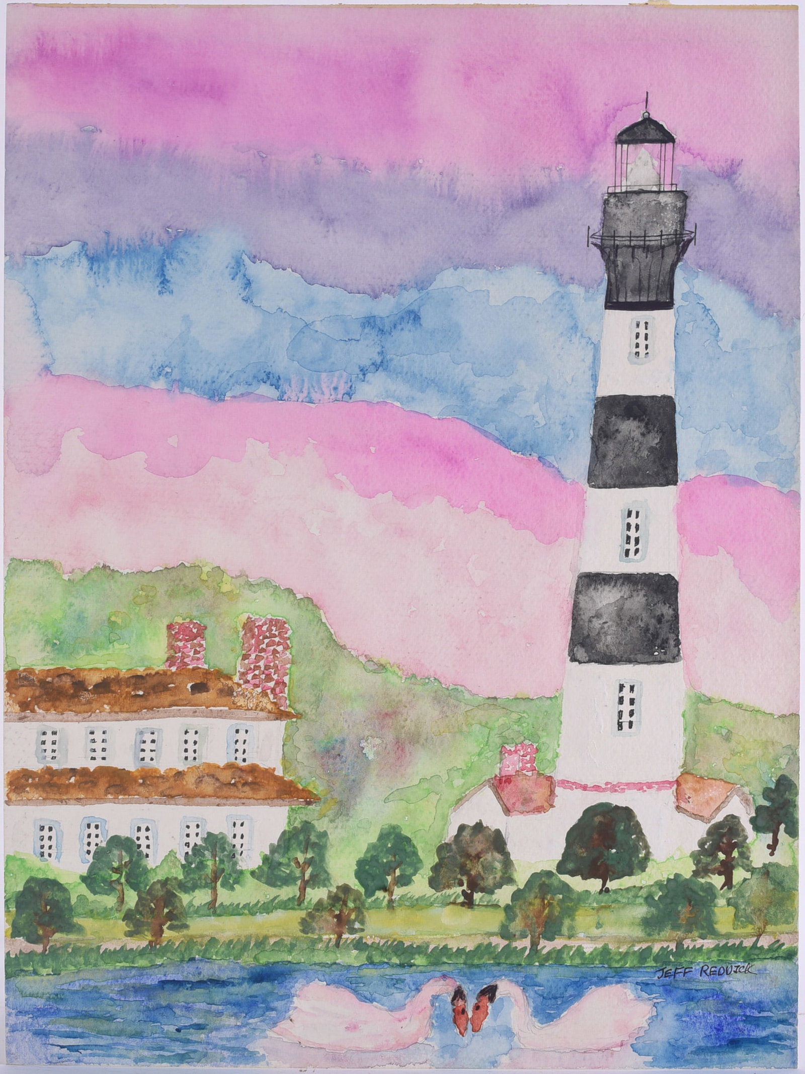 Jeffery Reddick Folk Art Painting: 11"x15" Original watercolor by North Carolina self-taught artist Jeffery Reddick (born 1951), signed lower right. Depicts a black-and-white lighthouse beside a large building in a colorful landscape b